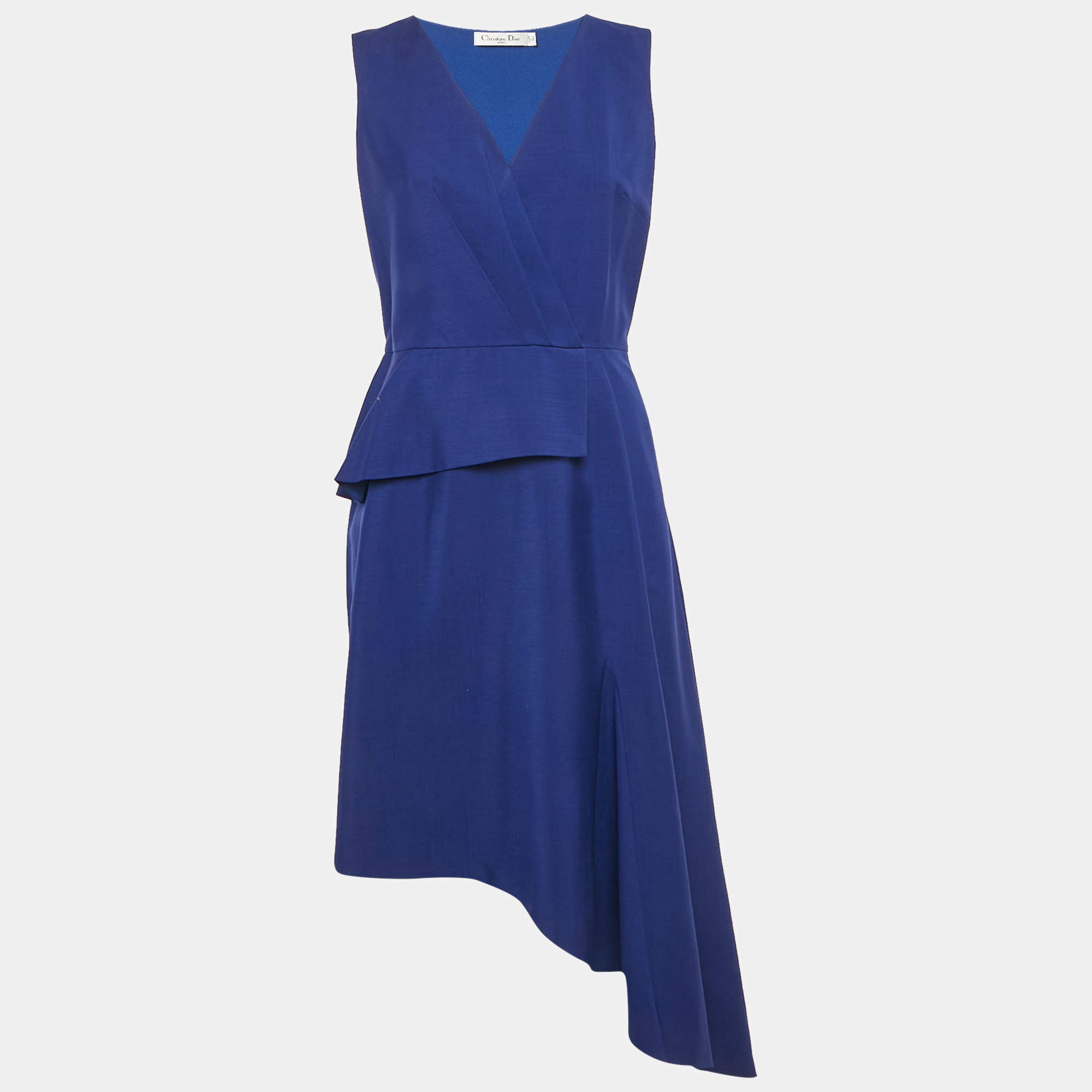Dior Blue Wool V-Neck Asymmetric Midi Dress M