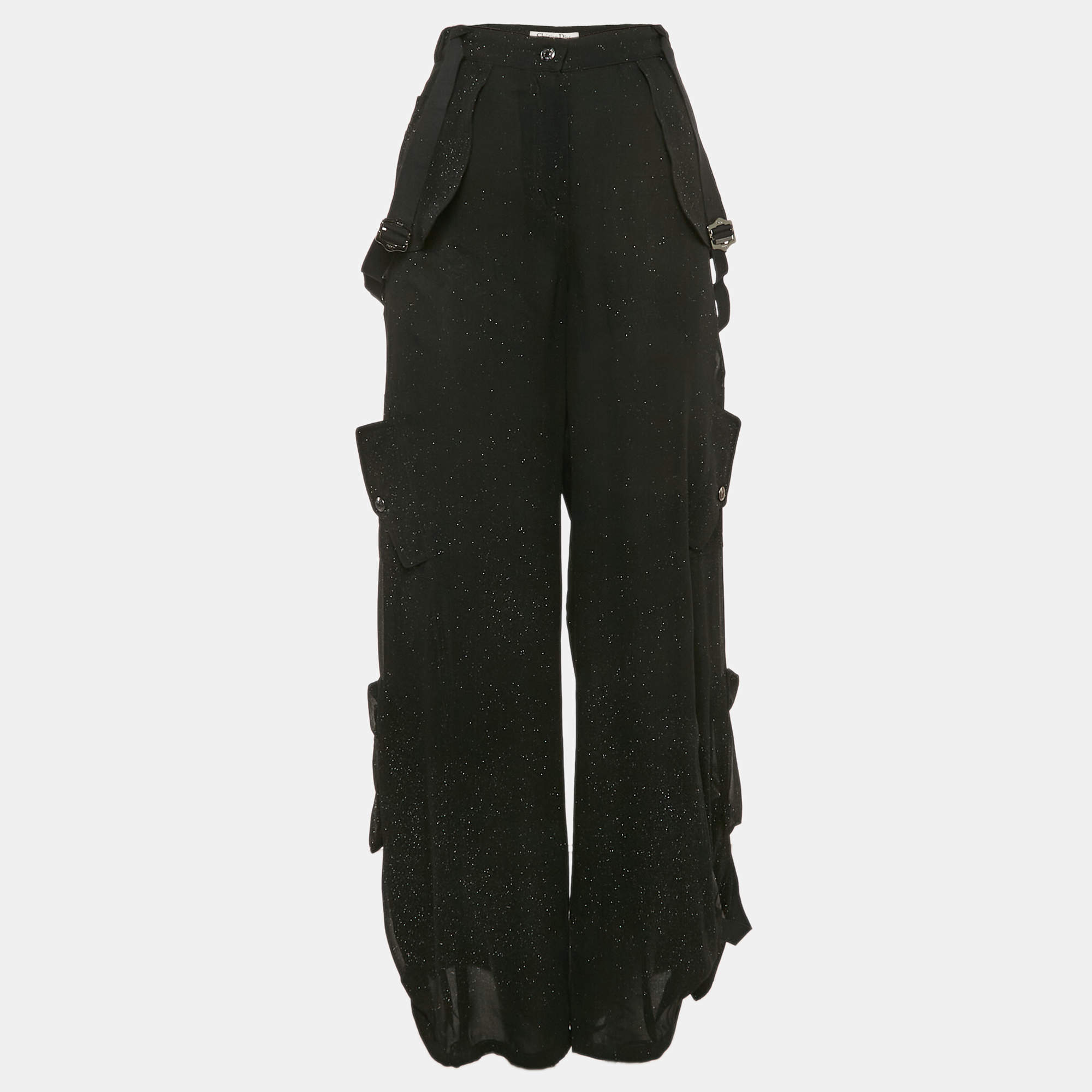 Christian Dior Black Sparkled Silk Belt Detail Trousers M