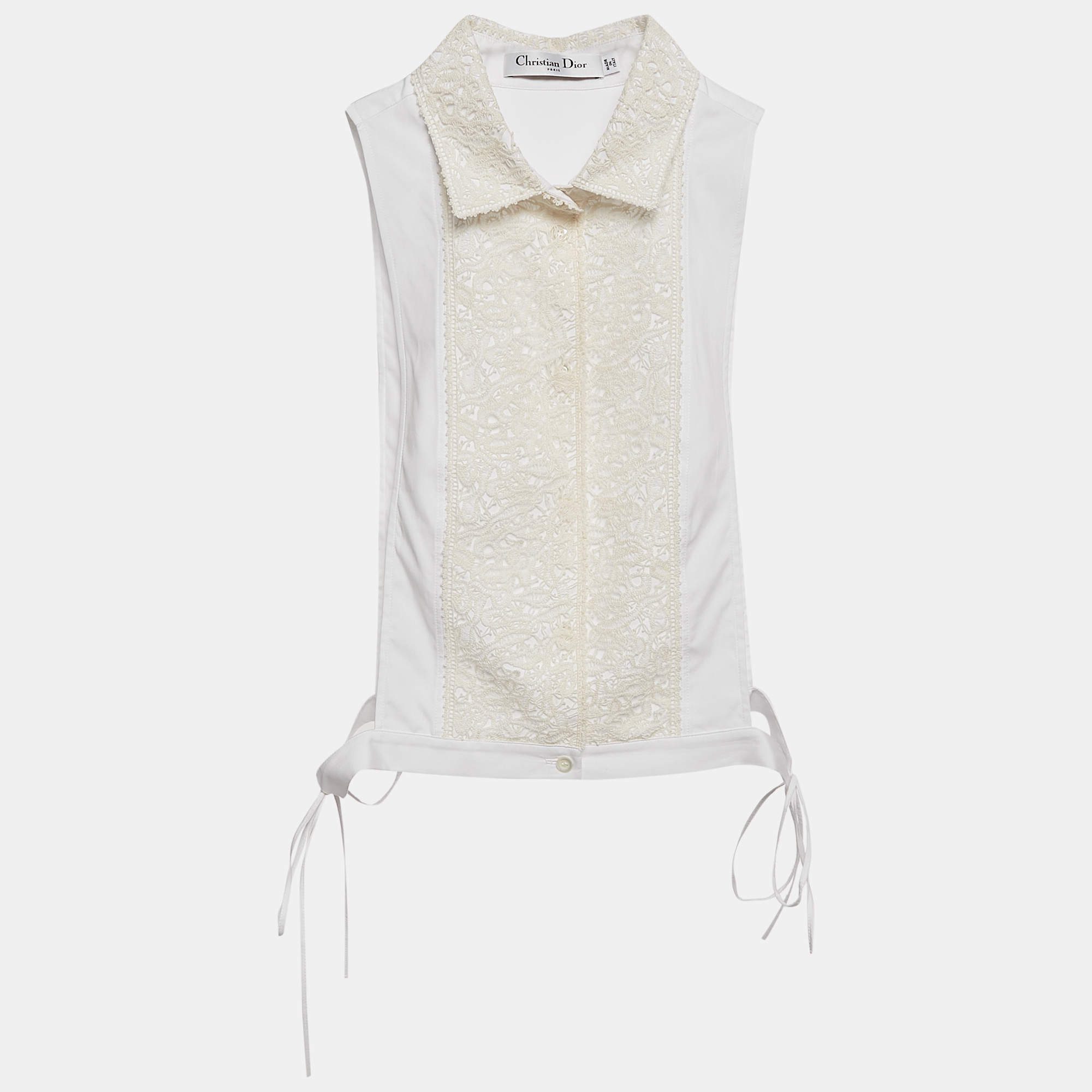 Dior White Cotton Lace Overlay Button Front Plastron M