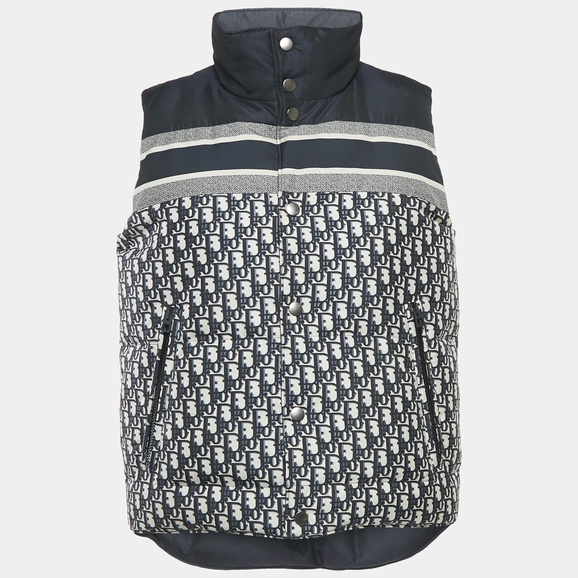 Pre Owned Dior Navy Blue Oblique Jacquard Zip-Up Reversible Puffer Vest Jacket S