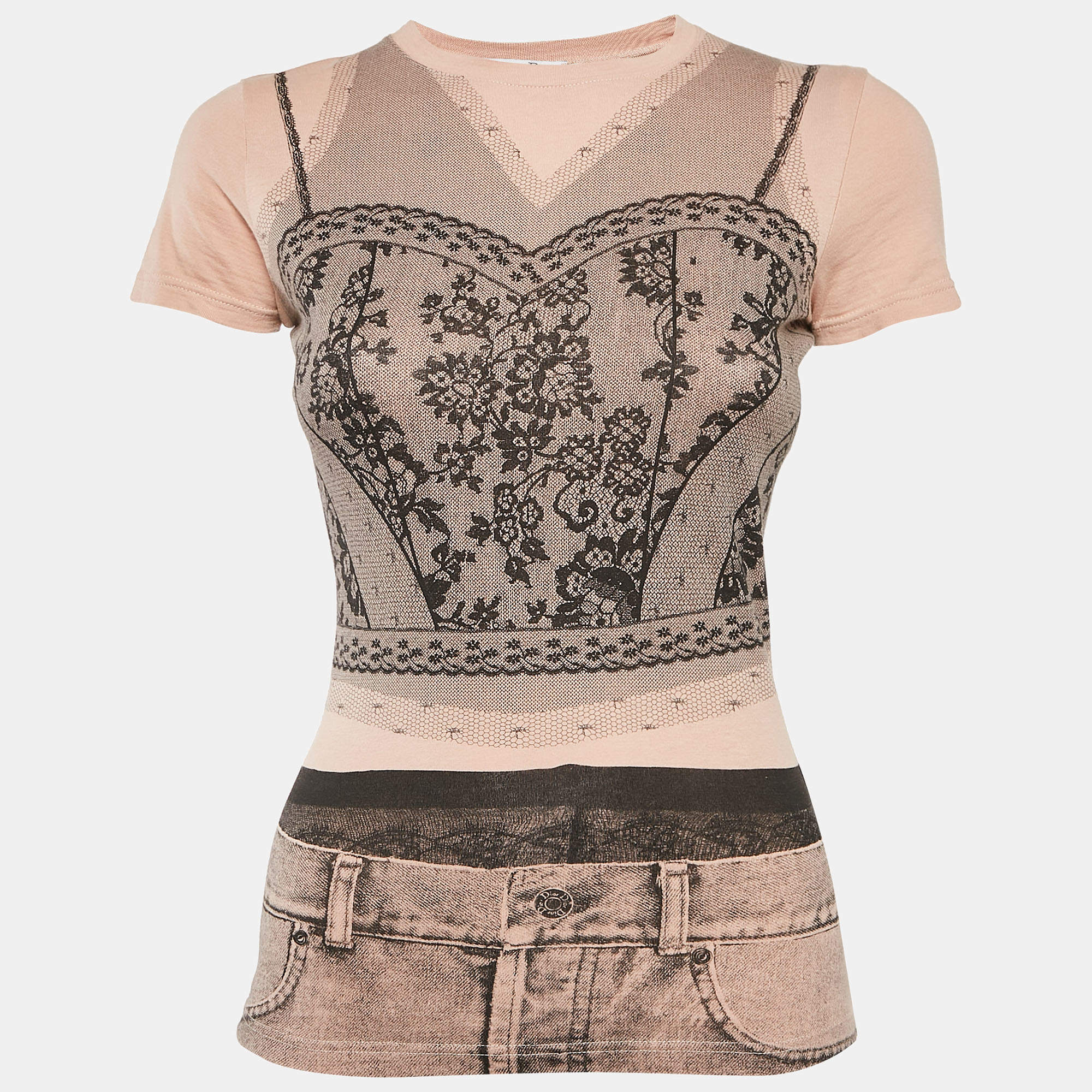 Christian Dior Boutique Peachy Beige Trompe l'oeil Print Cotton T-Shirt S