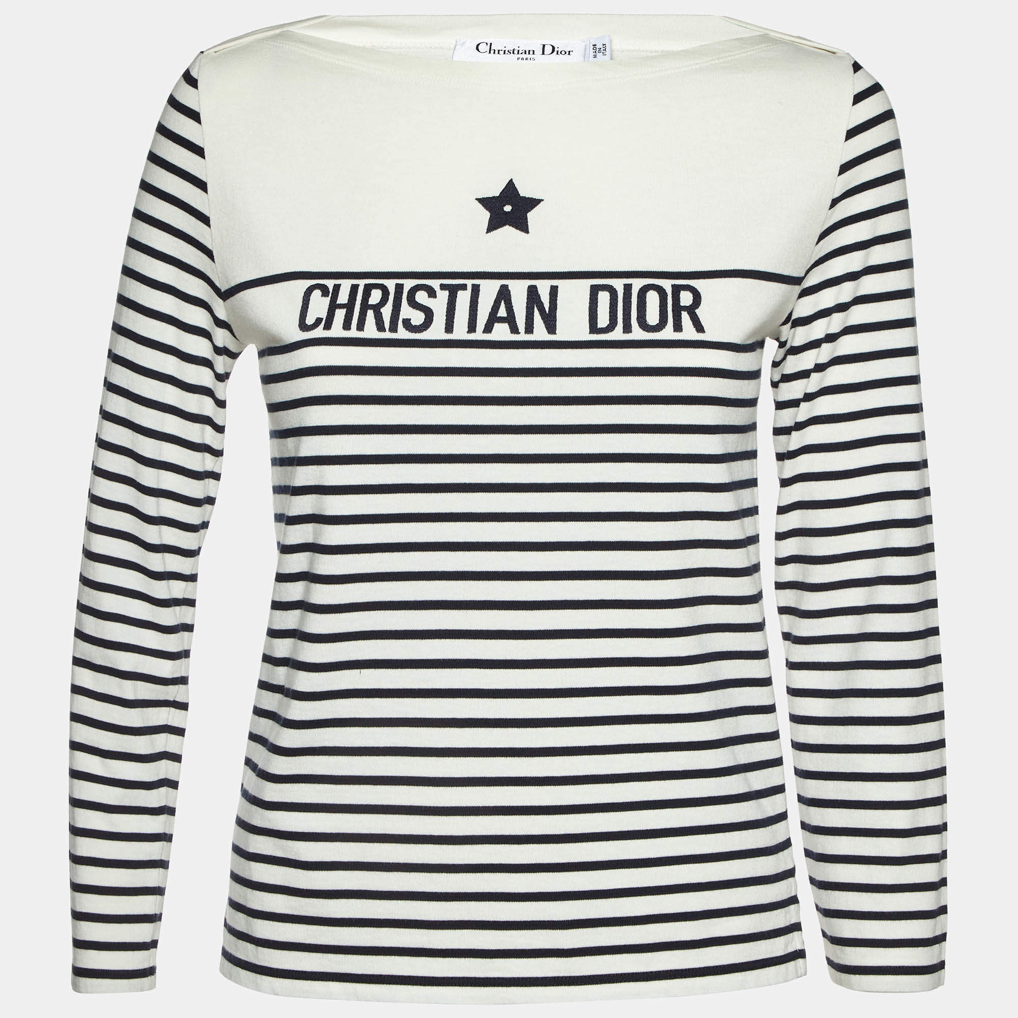 Pre Owned Dior White Logo Striped Cotton Long Sleeve T-Shirt S