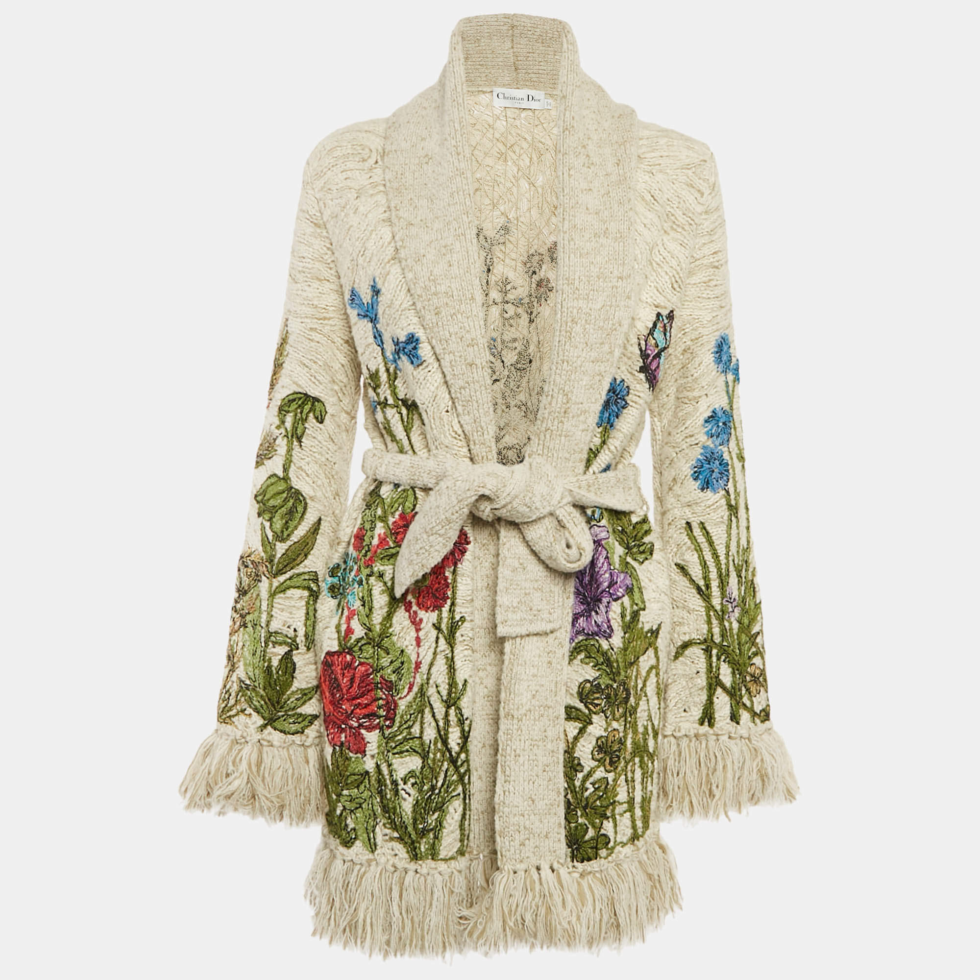 Christian Dior Beige Floral Embroidered Knit Fringed Cardigan S