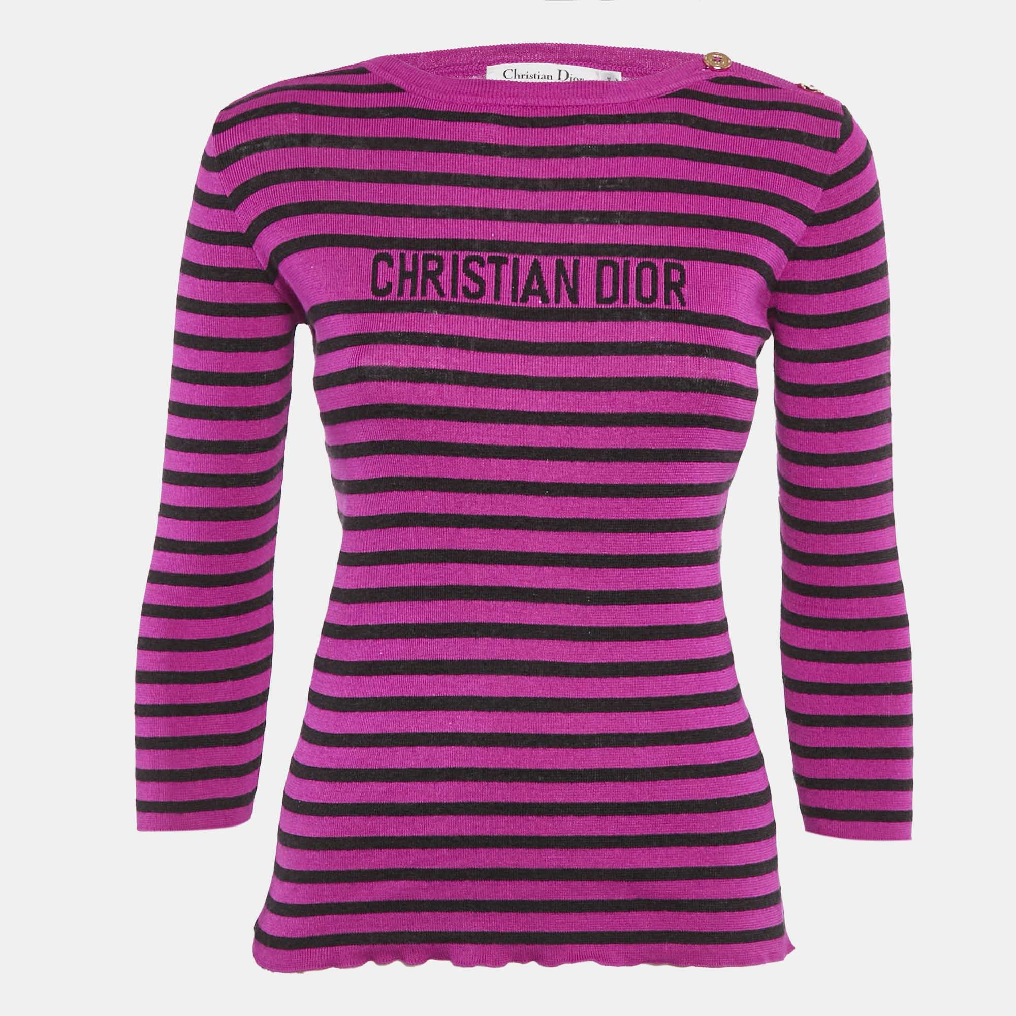 Christian Dior Pink/Black Striped Logo Intarsia Knit Sweater L