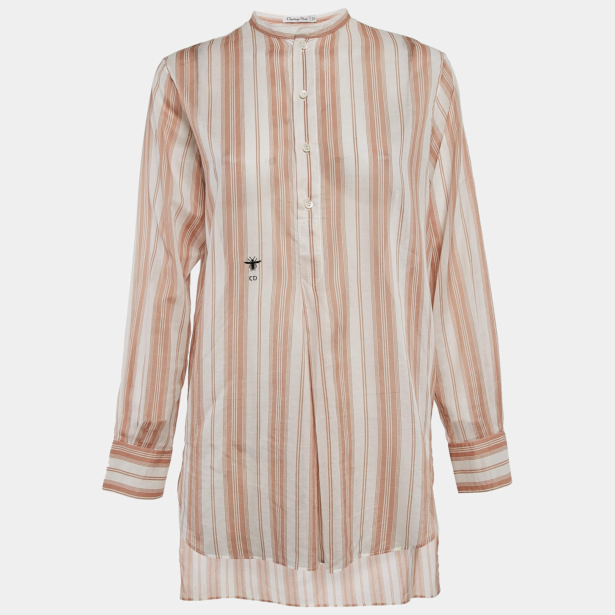 Christian Dior White/Peach Striped Cotton Voile Tunic S