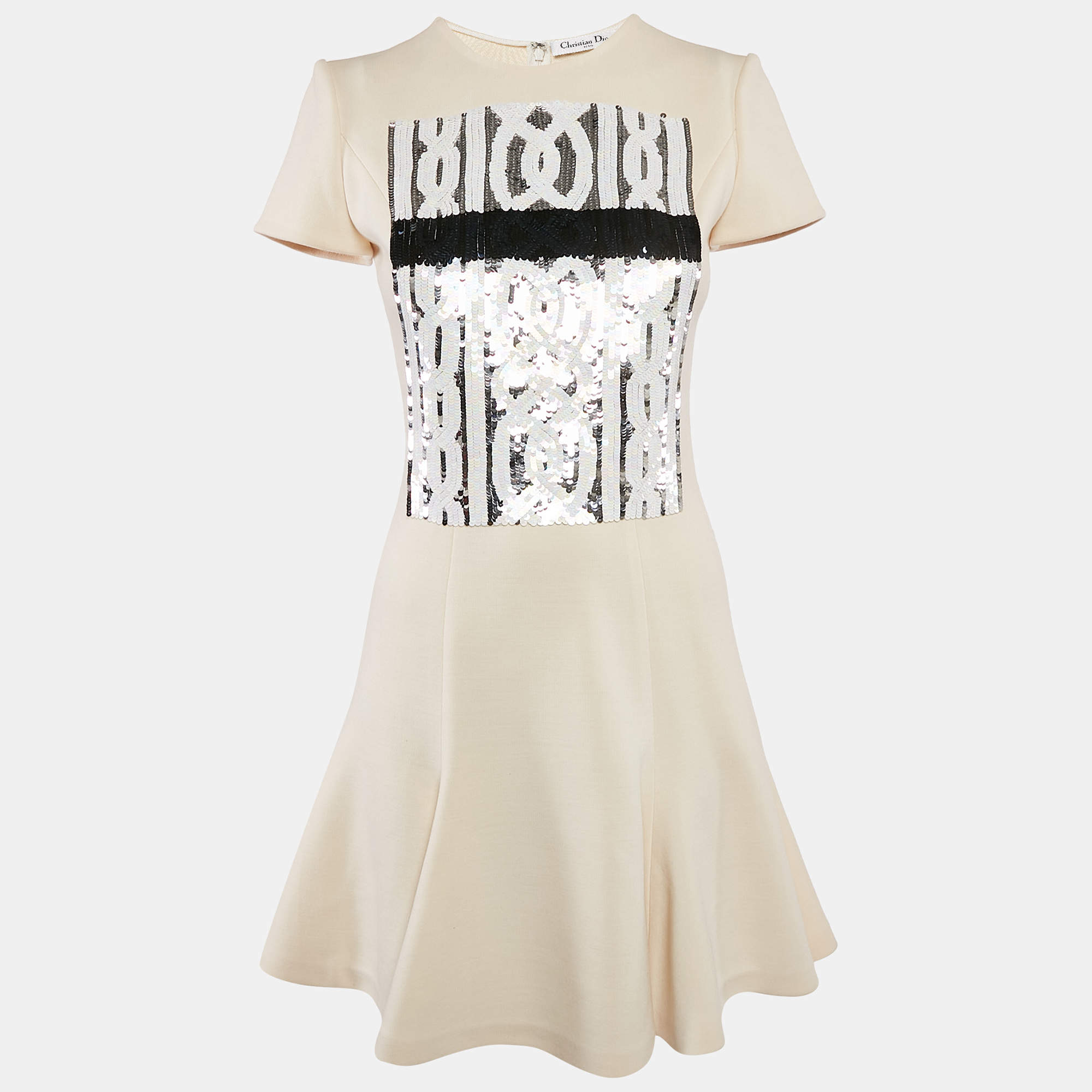 Christian Dior Cream Wool Sequin Embellished Flared Mini Dress S