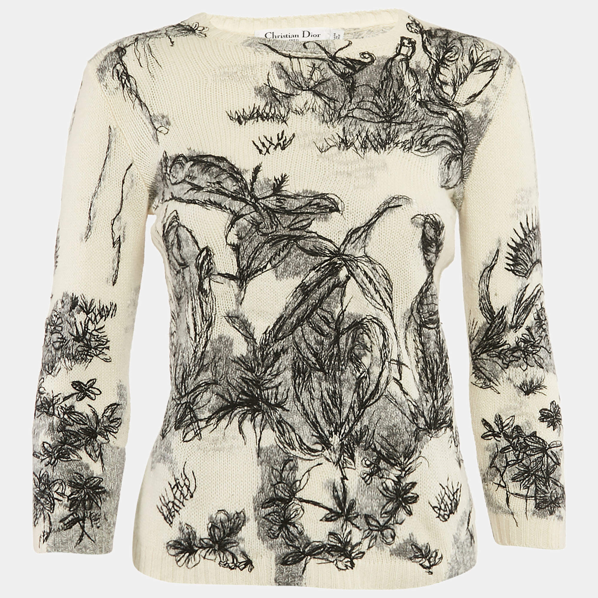 Dior Off-White Embroidered Cashmere Crew Neck Sweater S