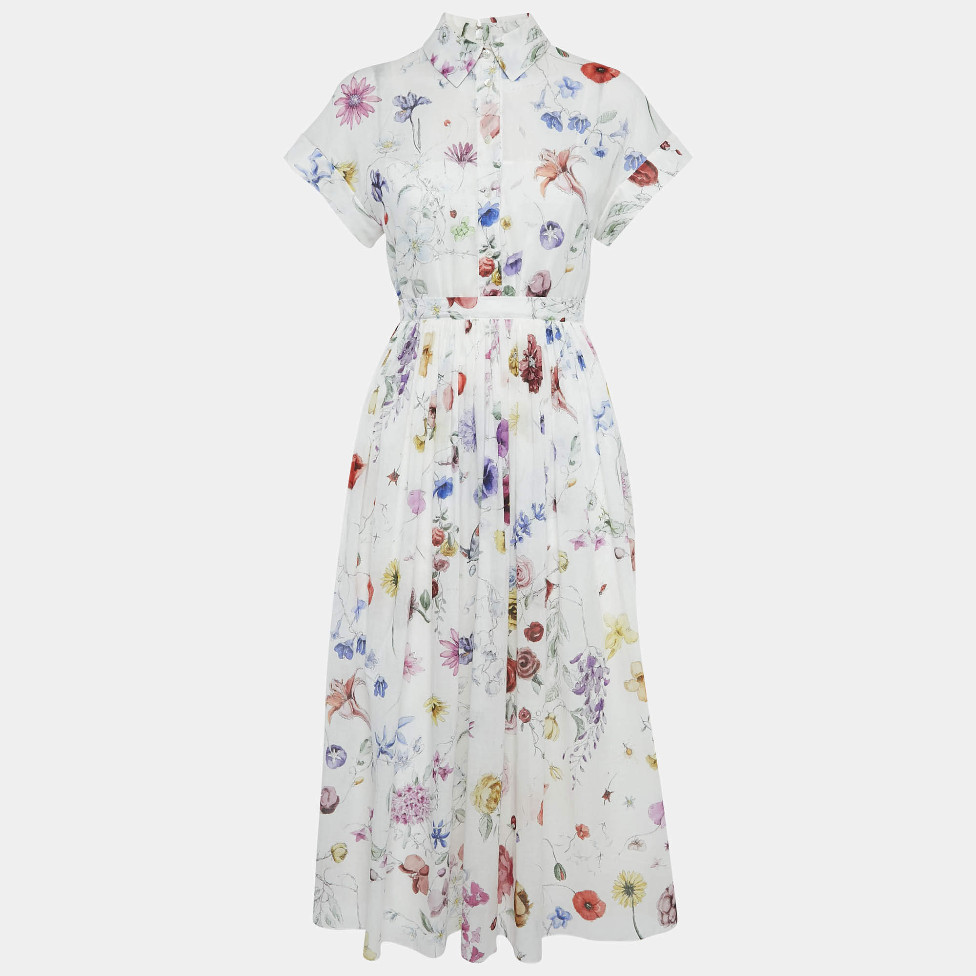 Christian Dior Floral Print Cotton Gathered Midi Dress S