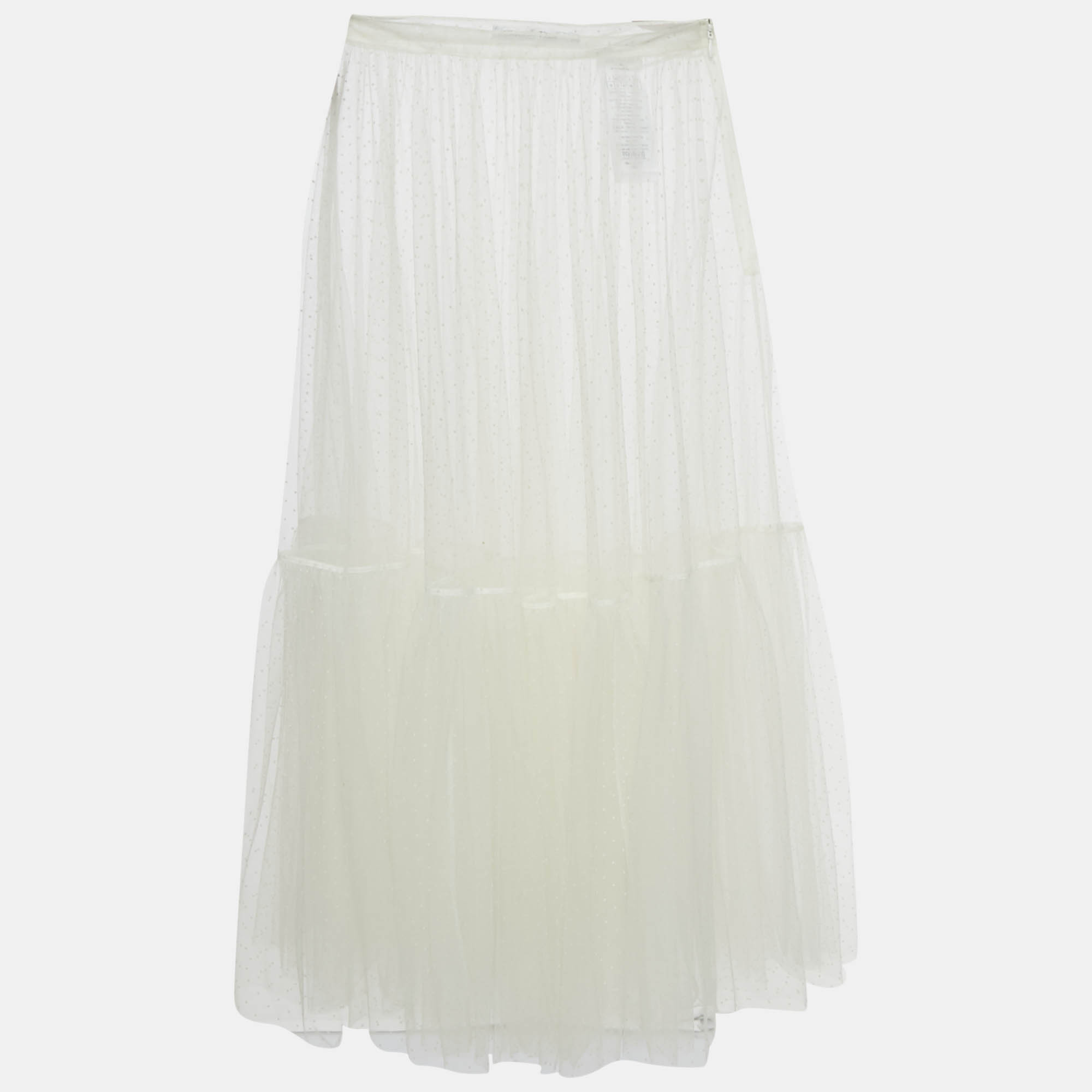 Pre Owned Christian Dior White Flocked Tulle Gathered Midi Skirt S