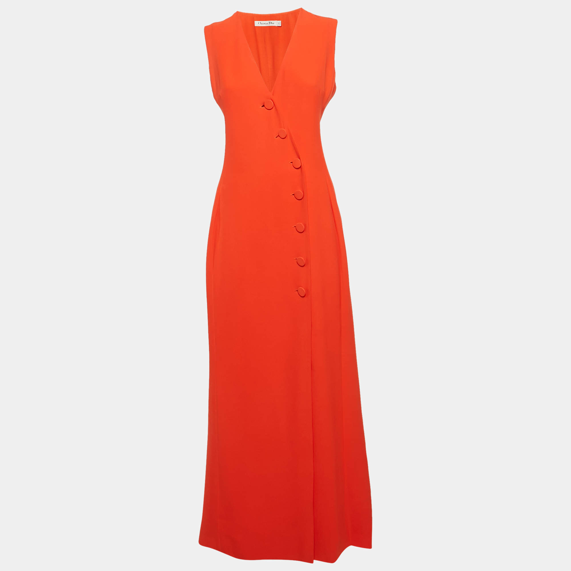 Christian Dior Orange Silk Blend Double Breasted Sleeveless Maxi Dress M