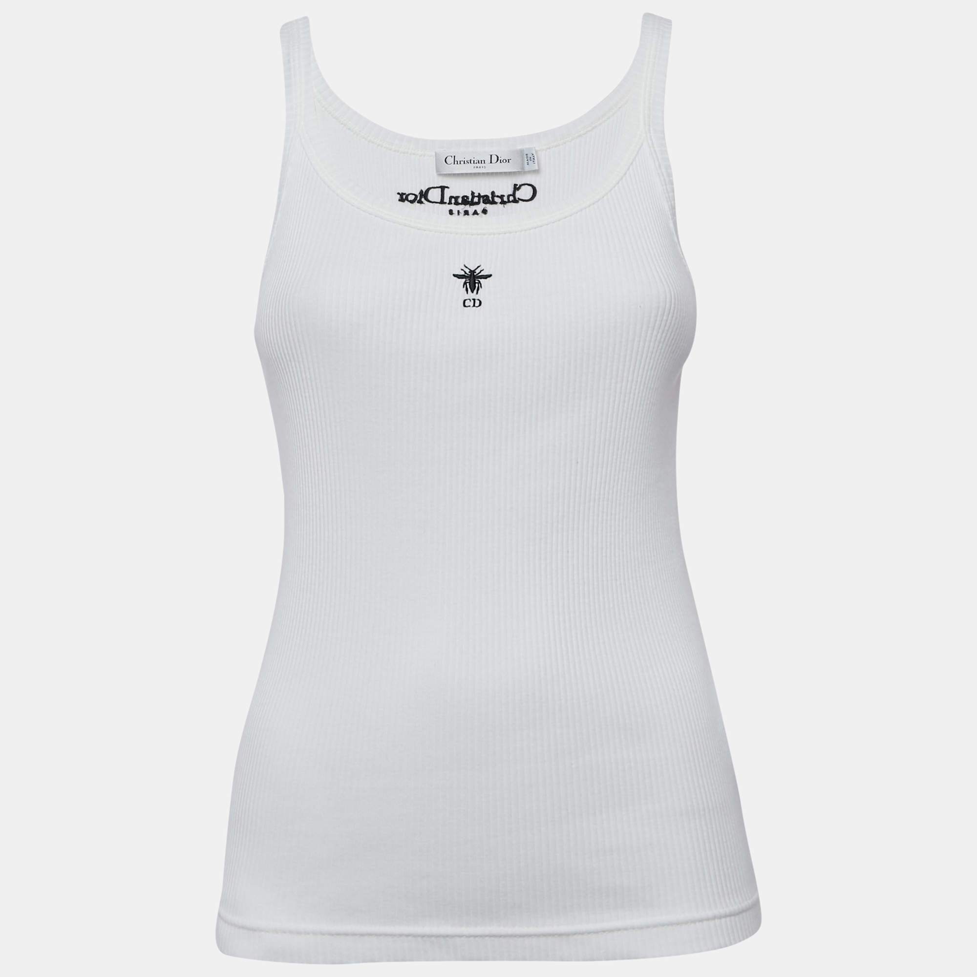 Pre Owned Dior White Logo Embroidery Cotton Rib Knit Tank Top S