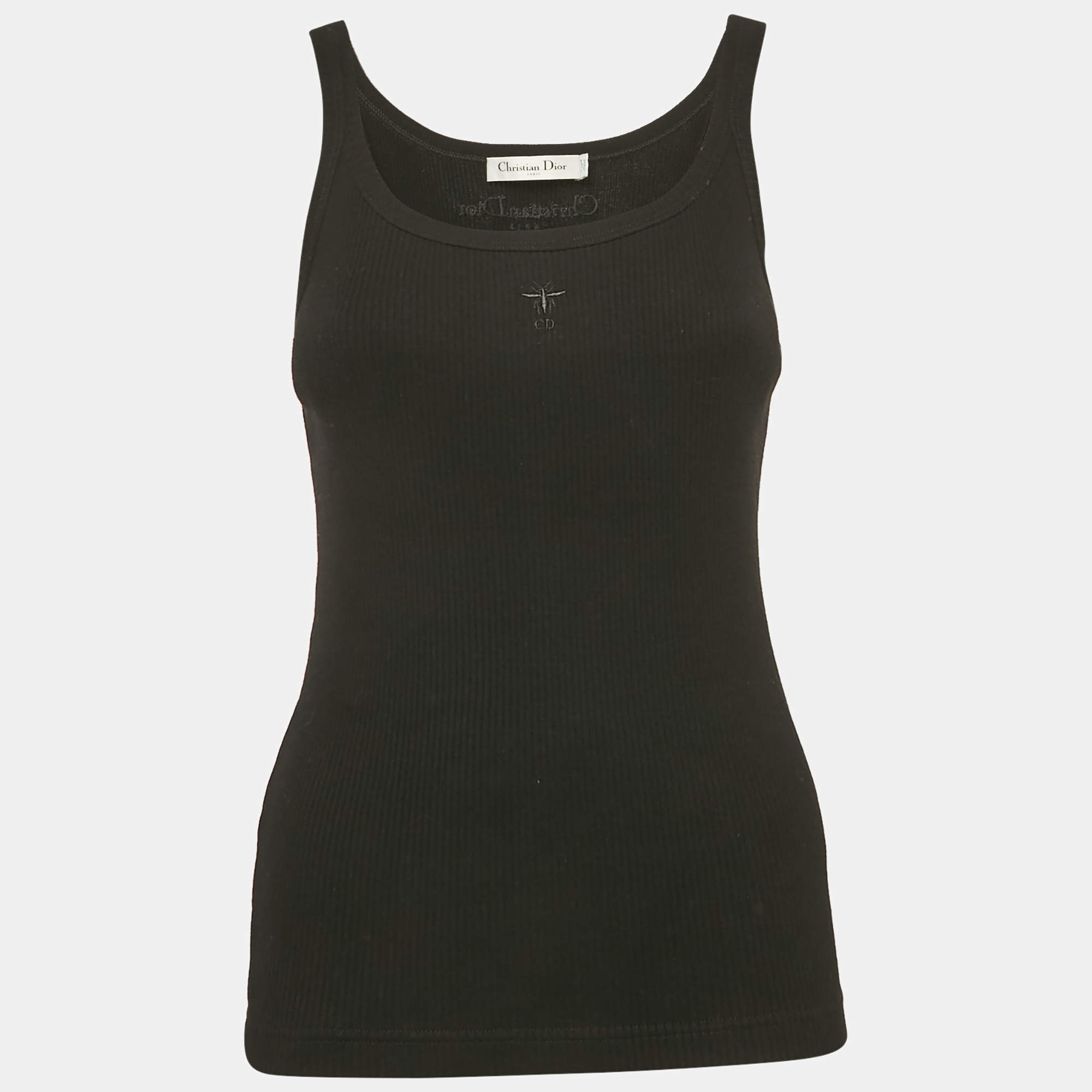 Dior Black Logo Embroidery Cotton Rib Knit Tank Top S