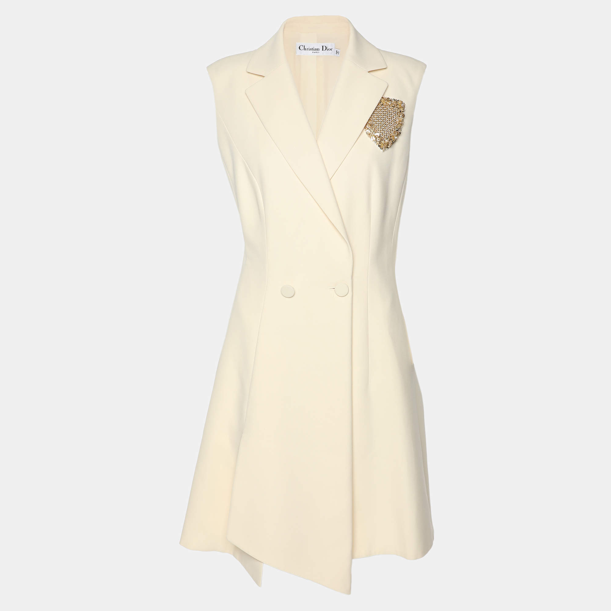 Pre Owned Dior Cream Silk Blend Badge Embellishment Double Breasted Coat Dress M