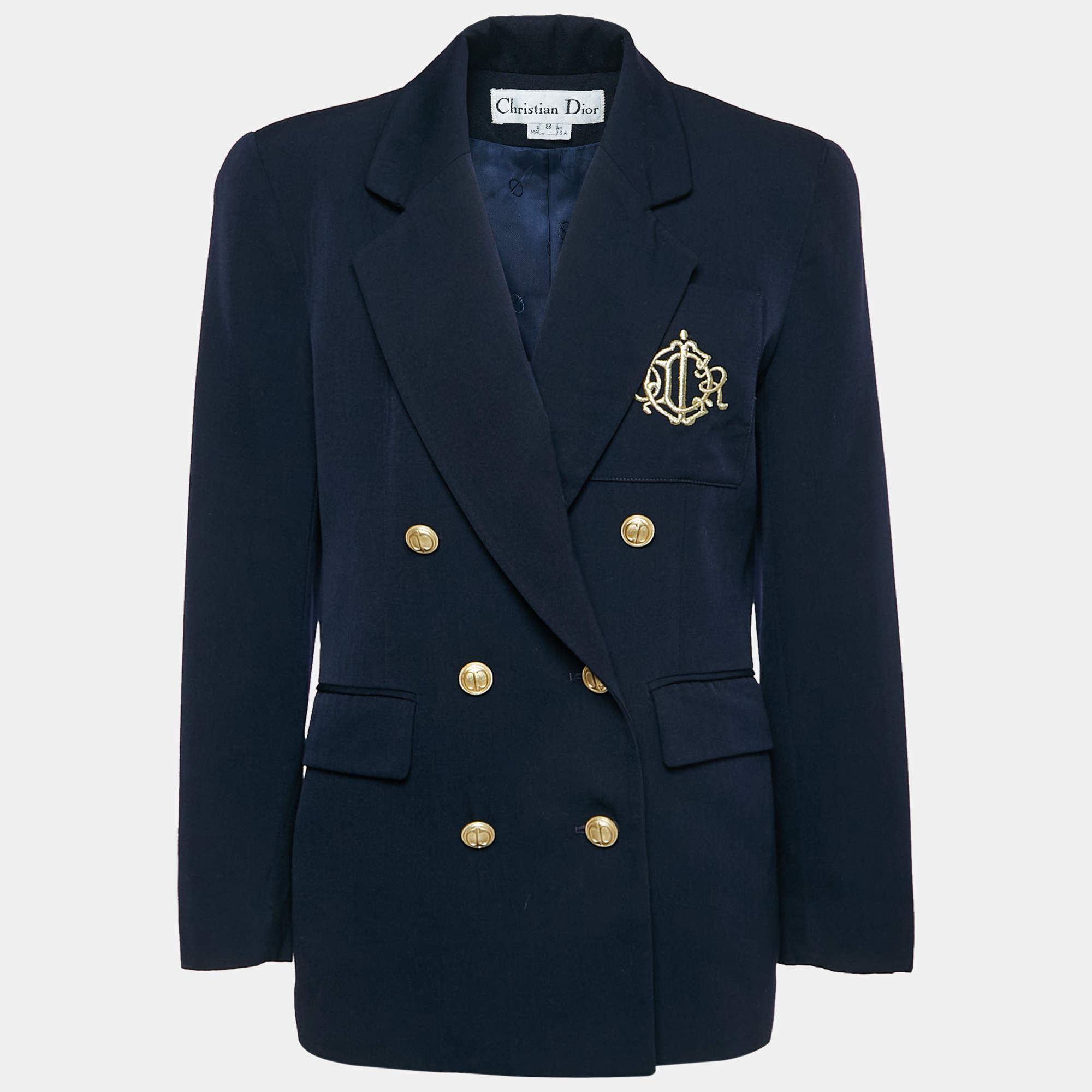 Pre Owned Dior Navy Blue Logo Embroidered Wool Double Breasted Blazer M