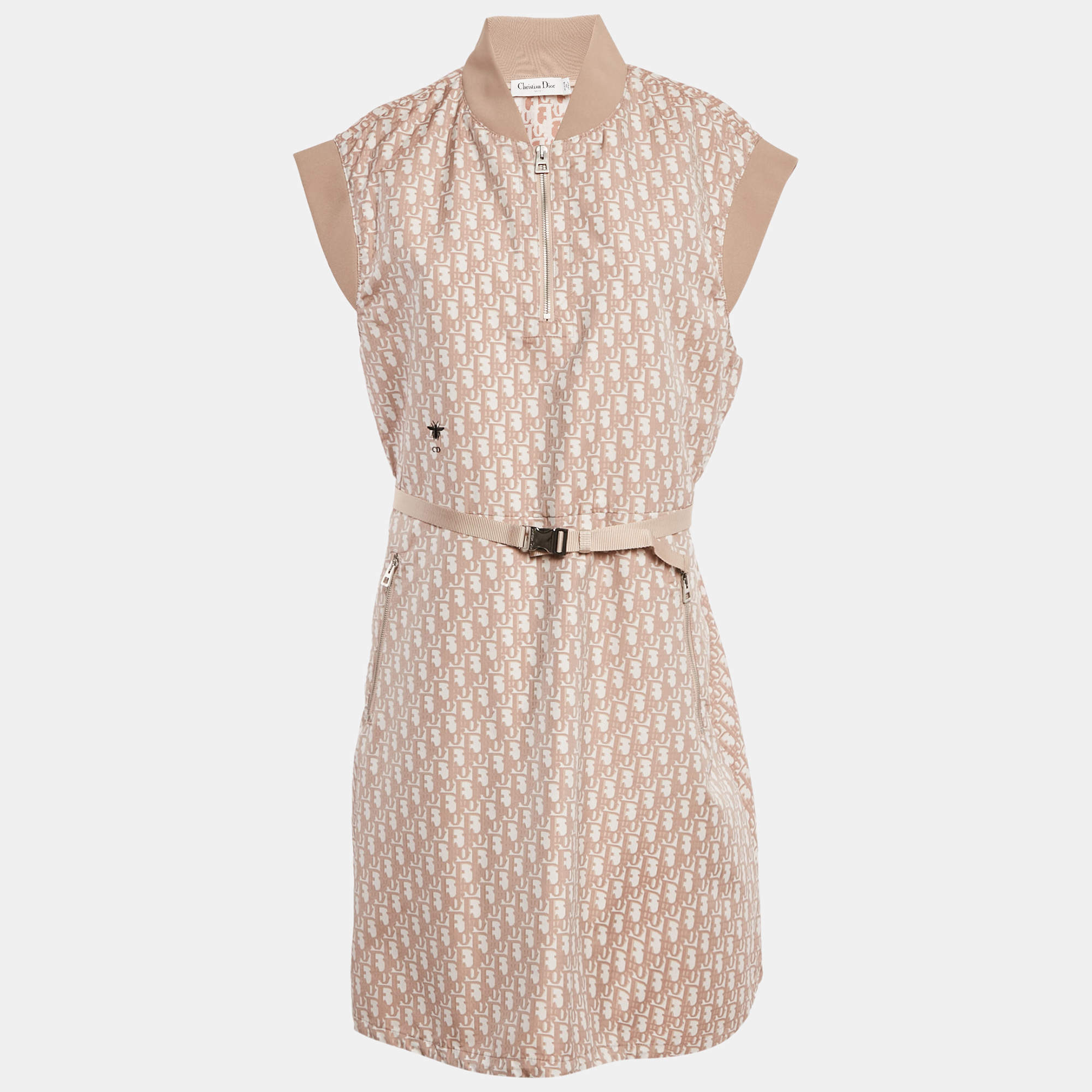 Dior Nude Pink Logo Jacquard Belted Sleeveless Short Dress L