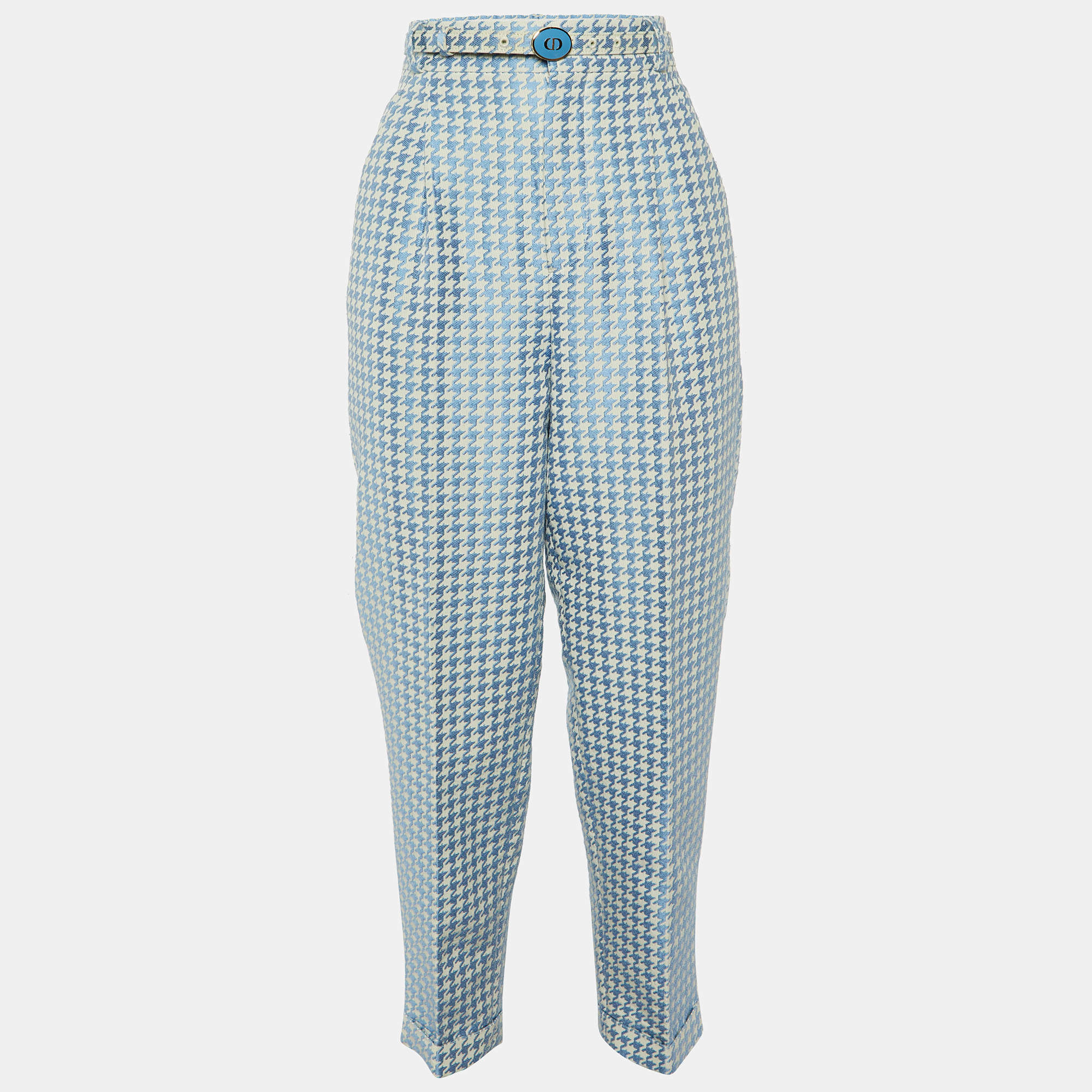 Dior Blue/White Houndstooth Cotton Belted Pants S