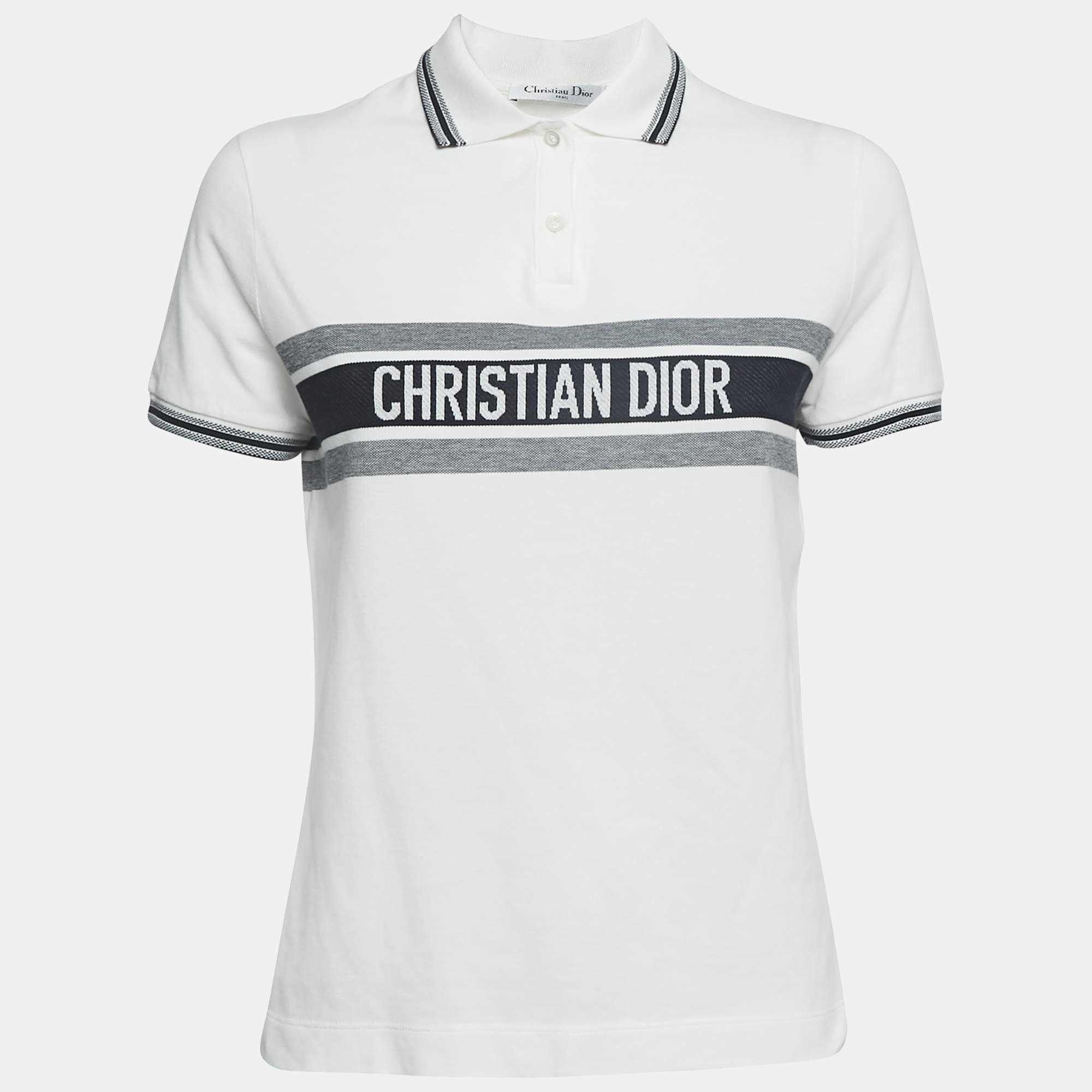 مملوكة مسبقًا Christian Dior White Logo Detail Cotton Polo T-Shirt S