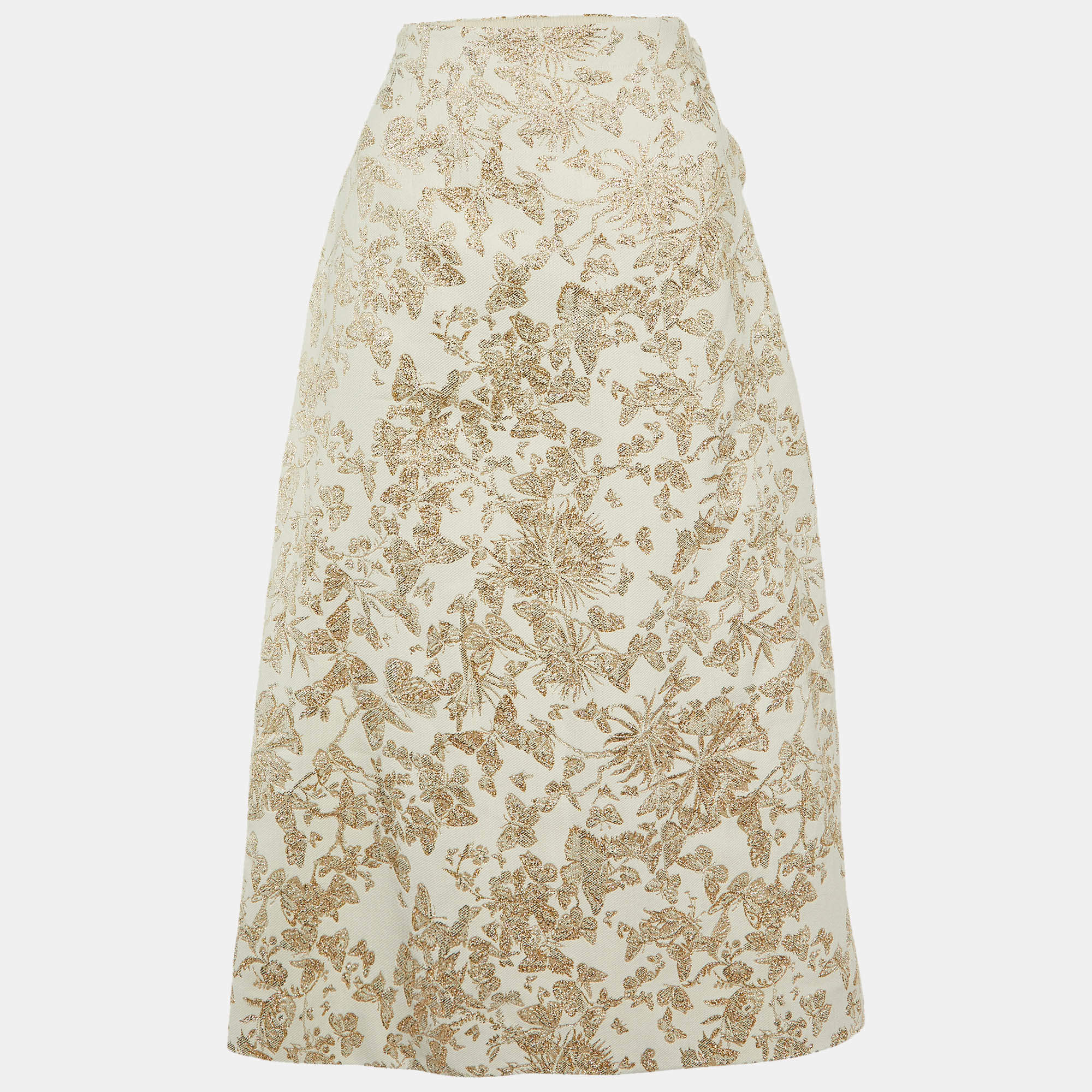 Pre Owned Christian Dior White/Gold Brocade Midi Skirt M