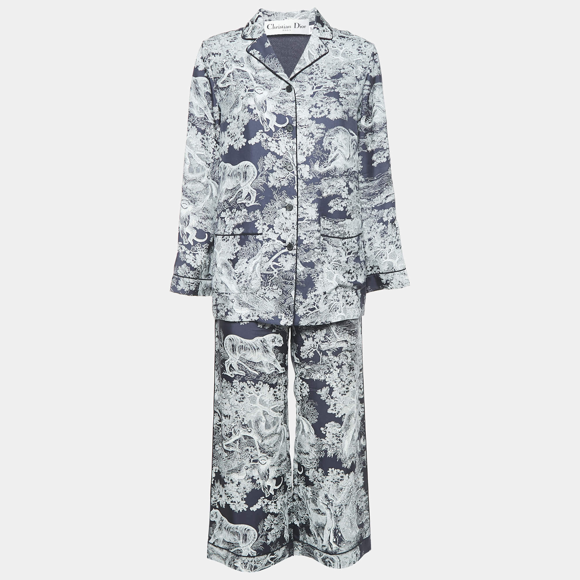 Dior White/Navy Blue Toile de Jouy Print Silk Pants & Top Set S