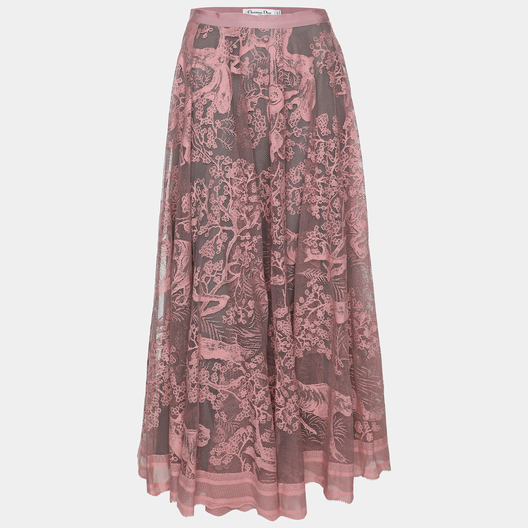 Pre Owned Dior Pink Knitted Lace Dioriviera Flared Midi Skirt M