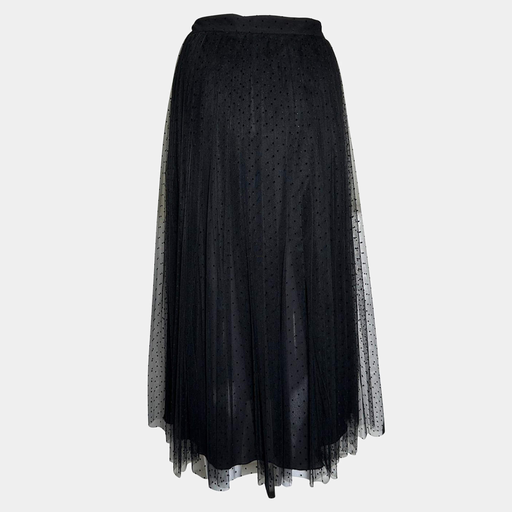 Dior Black Mesh Mid-Length Polkadot Pleated Skirt USA 8