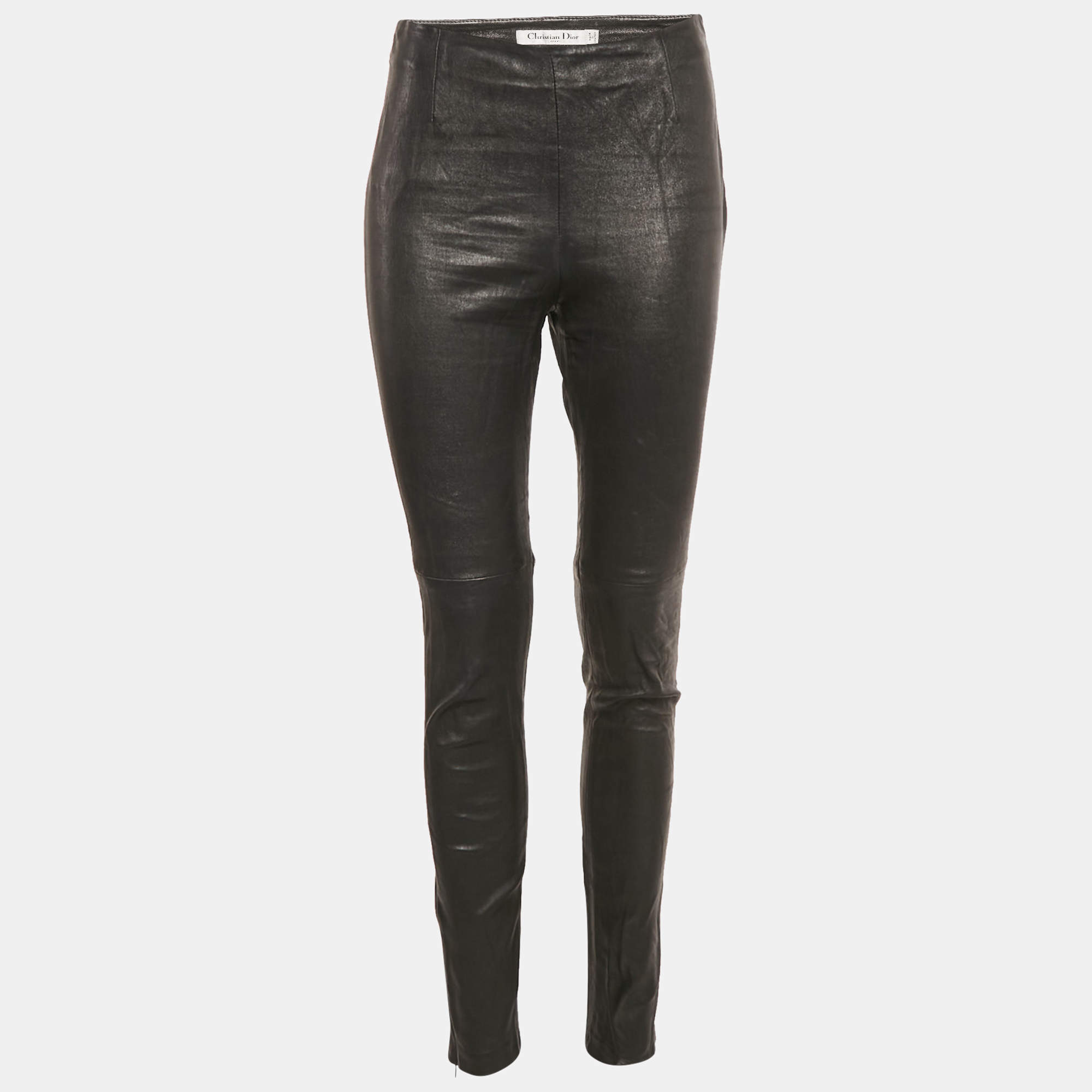 Dior Black Leather Zip-Up Hem Detail Skinny Pants M