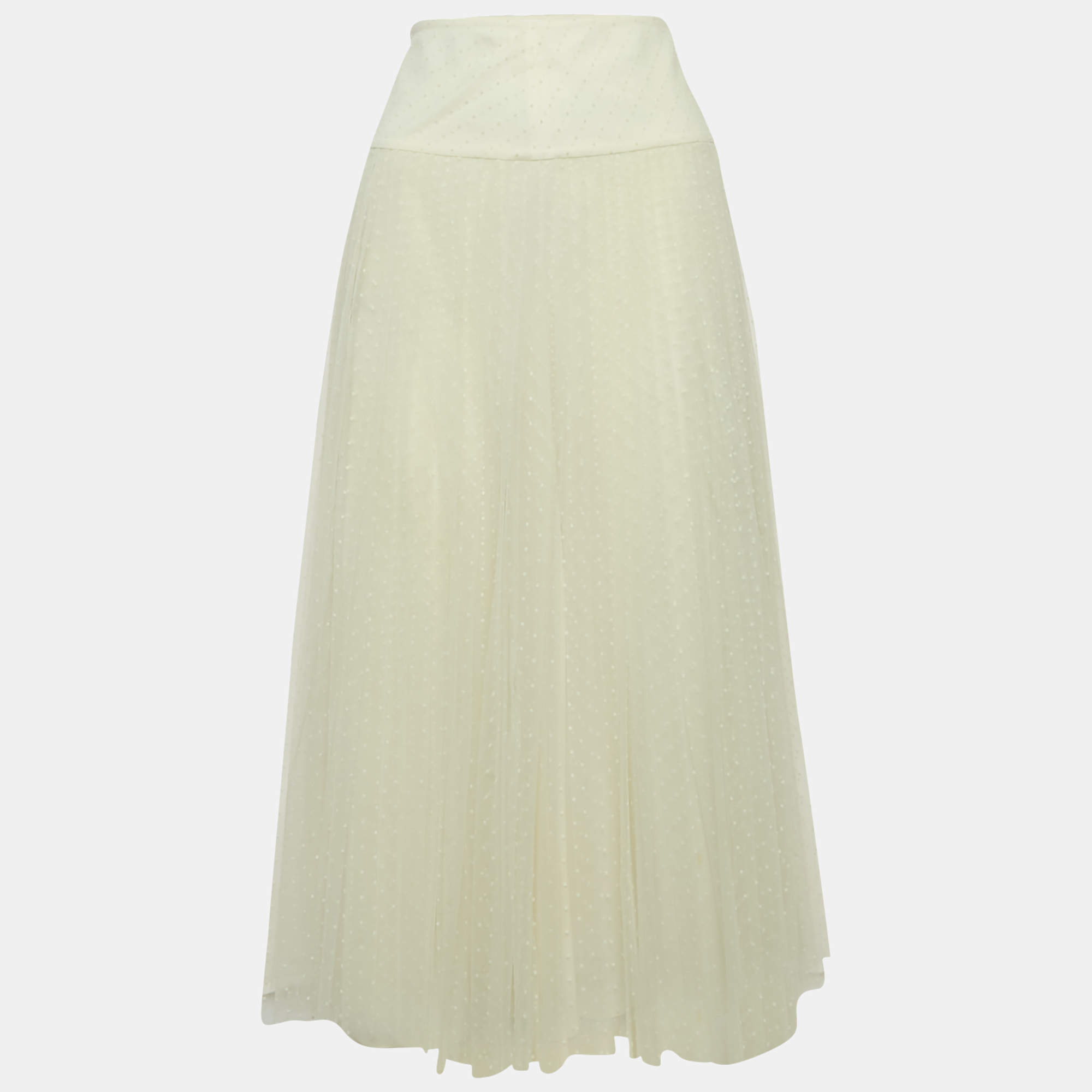 Pre Owned Christian Dior White Tulle Pleated Midi Skirt S