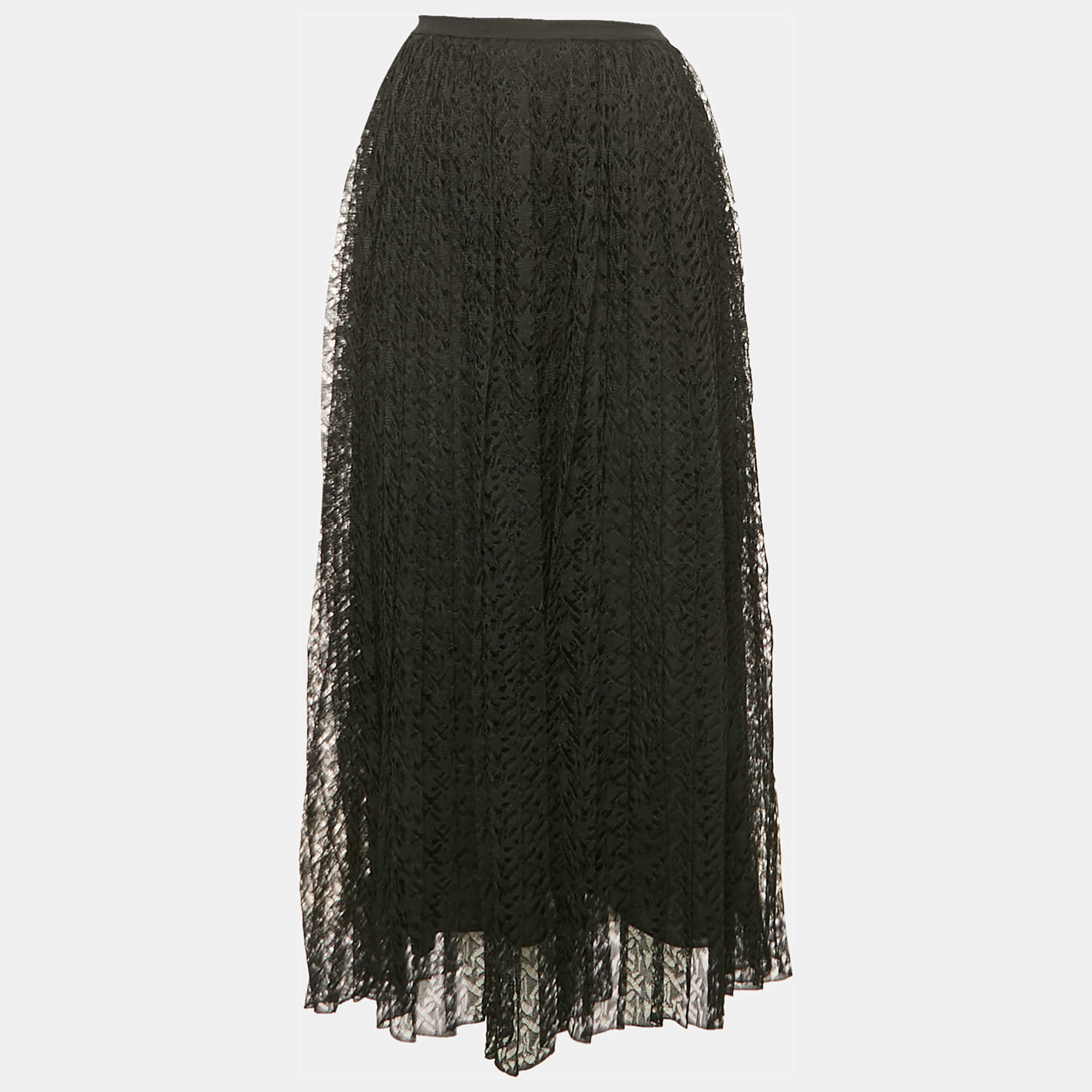 Pre Owned Christian Dior Black Silk Lace Pleated Midi Skirt S
