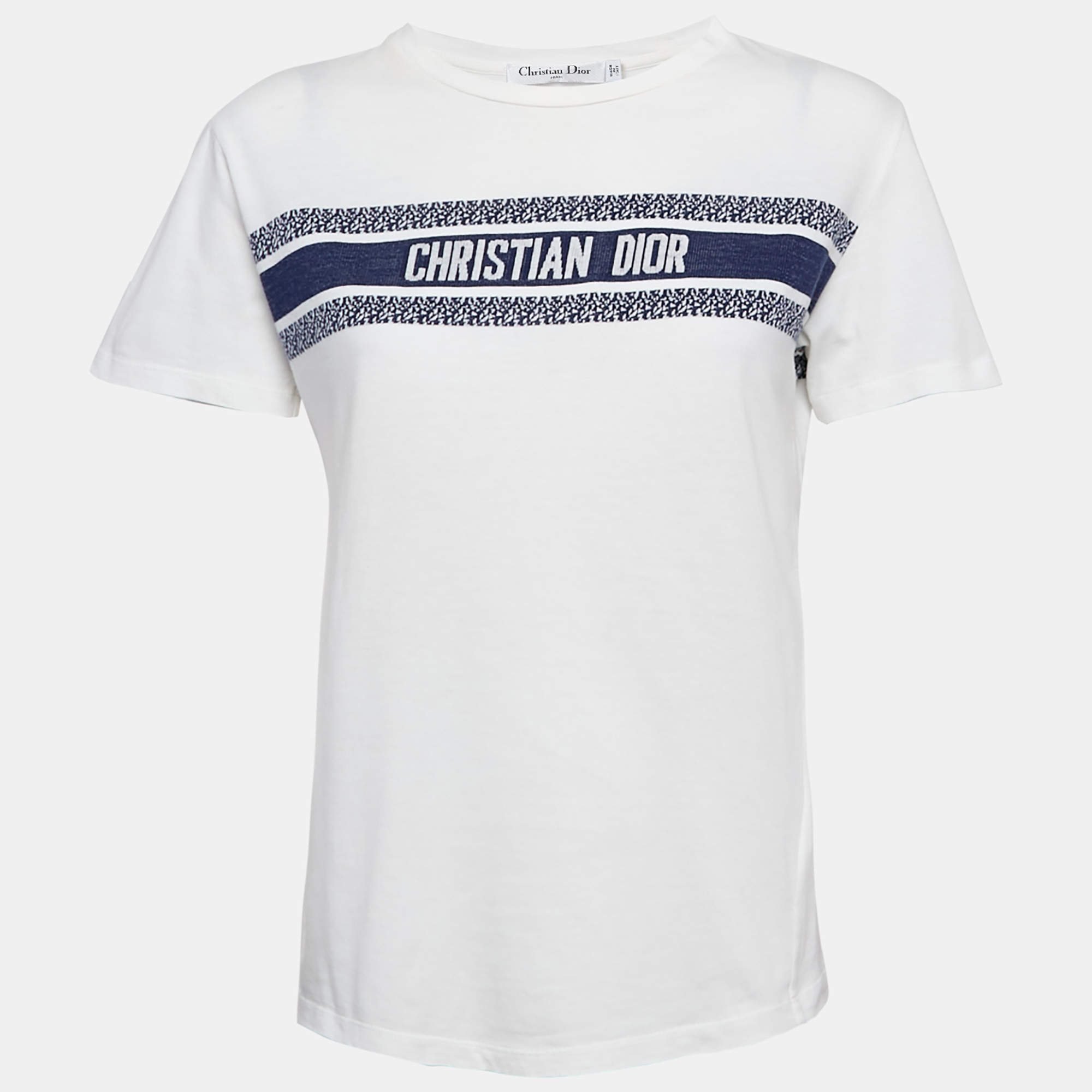 Pre Owned Christian Dior White Logo Intarsia Jersey T-Shirt S