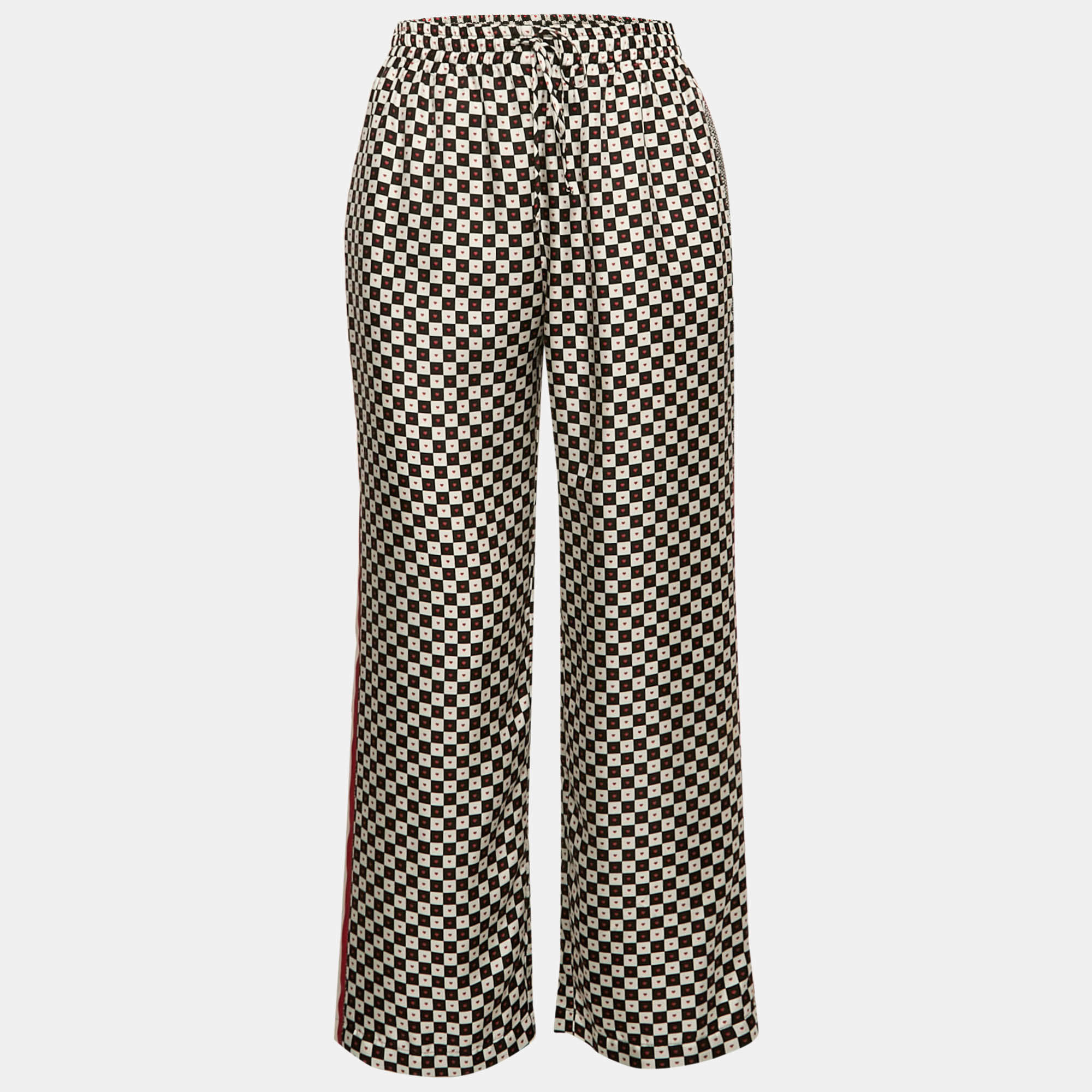Pre Owned Dior White/Black Checkered Heart Print Silk Pajama Pants M