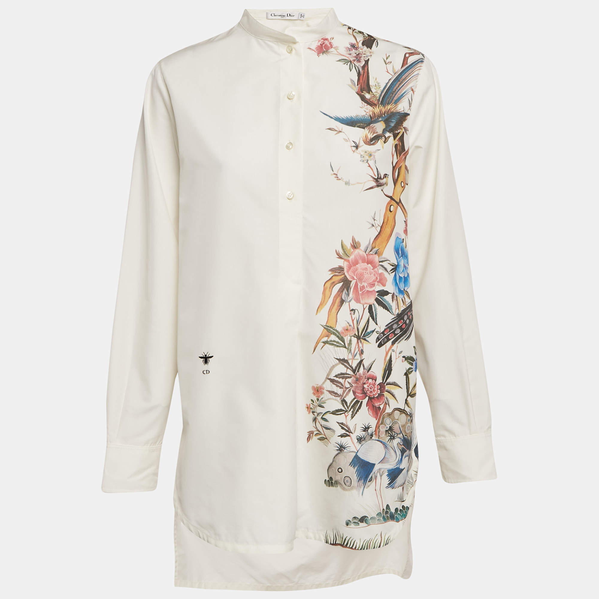 Pre Owned Christian Dior Off White Floral Print Cotton Pleated Shirt Dress S