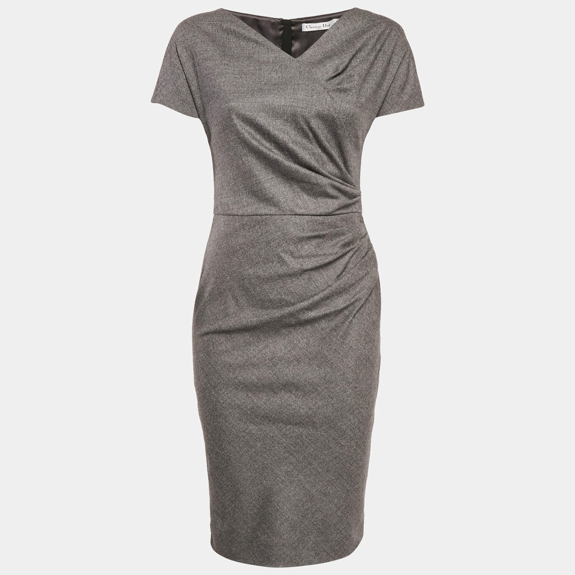 Christian Dior Grey Wool Pleated Sheath Dress S