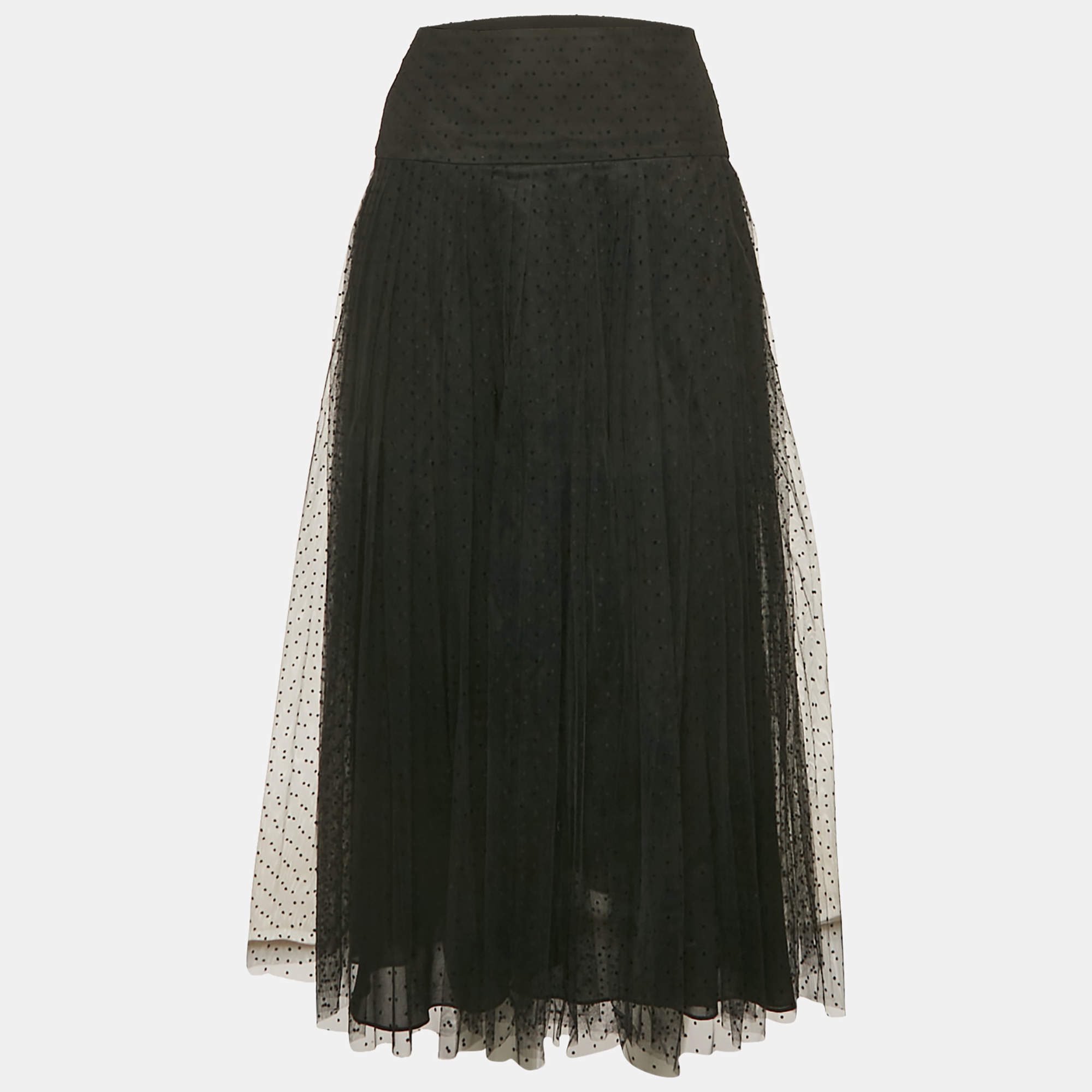 Dior Black Dotted Tulle Pleated Midi Skirt M