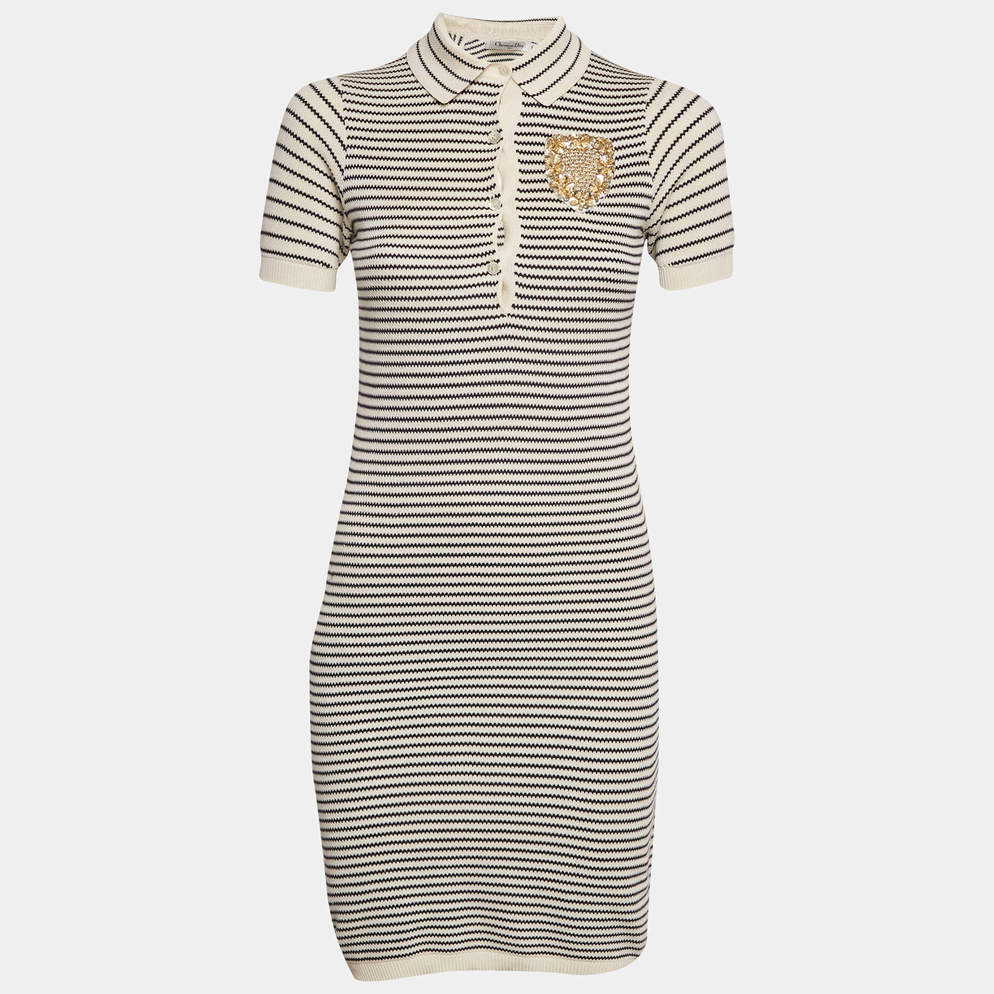 Christian Dior White/Black Striped Rib Knit T-Shirt Dress S