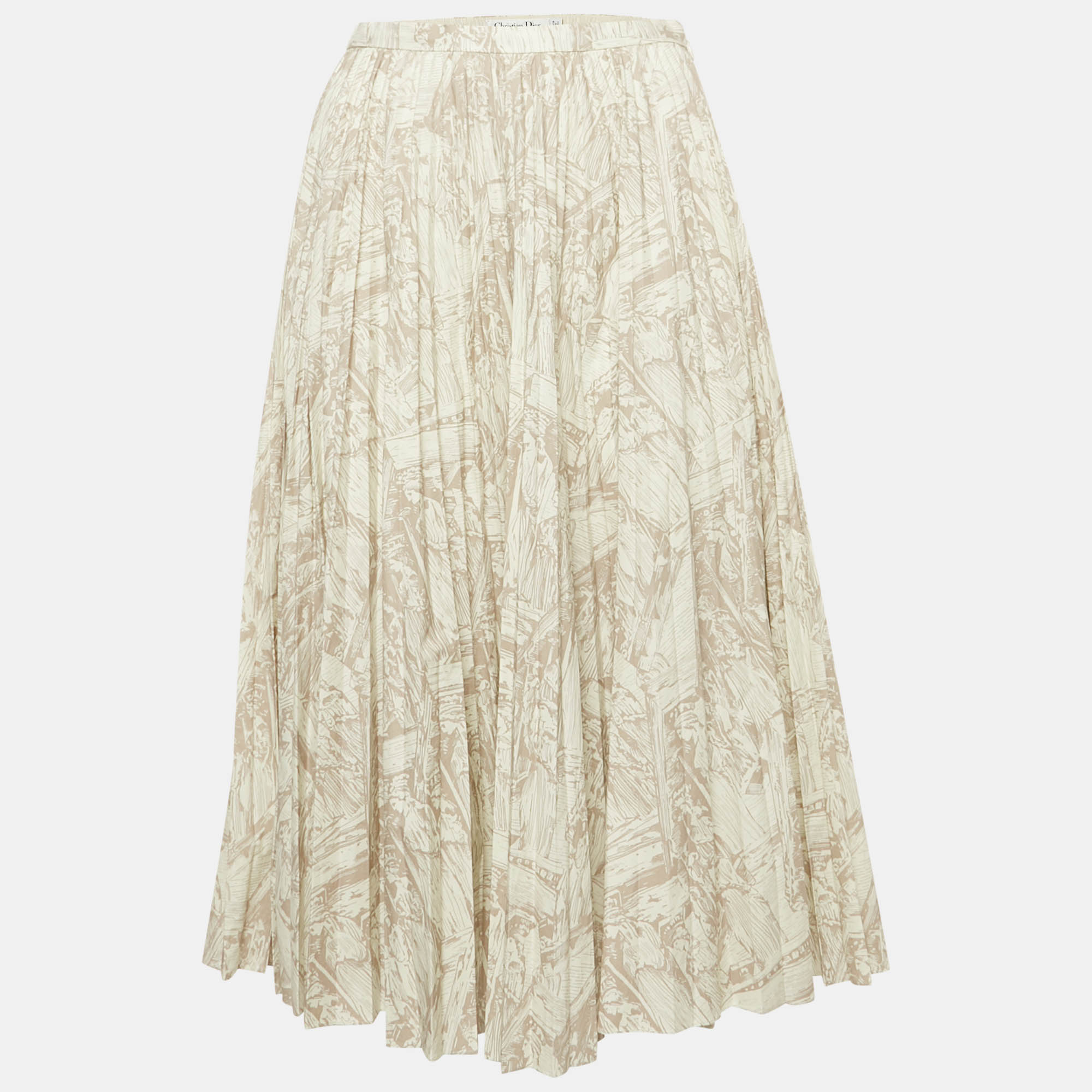 Pre Owned Dior Off-White Printed  Cotton Pleated Midi Skirt S