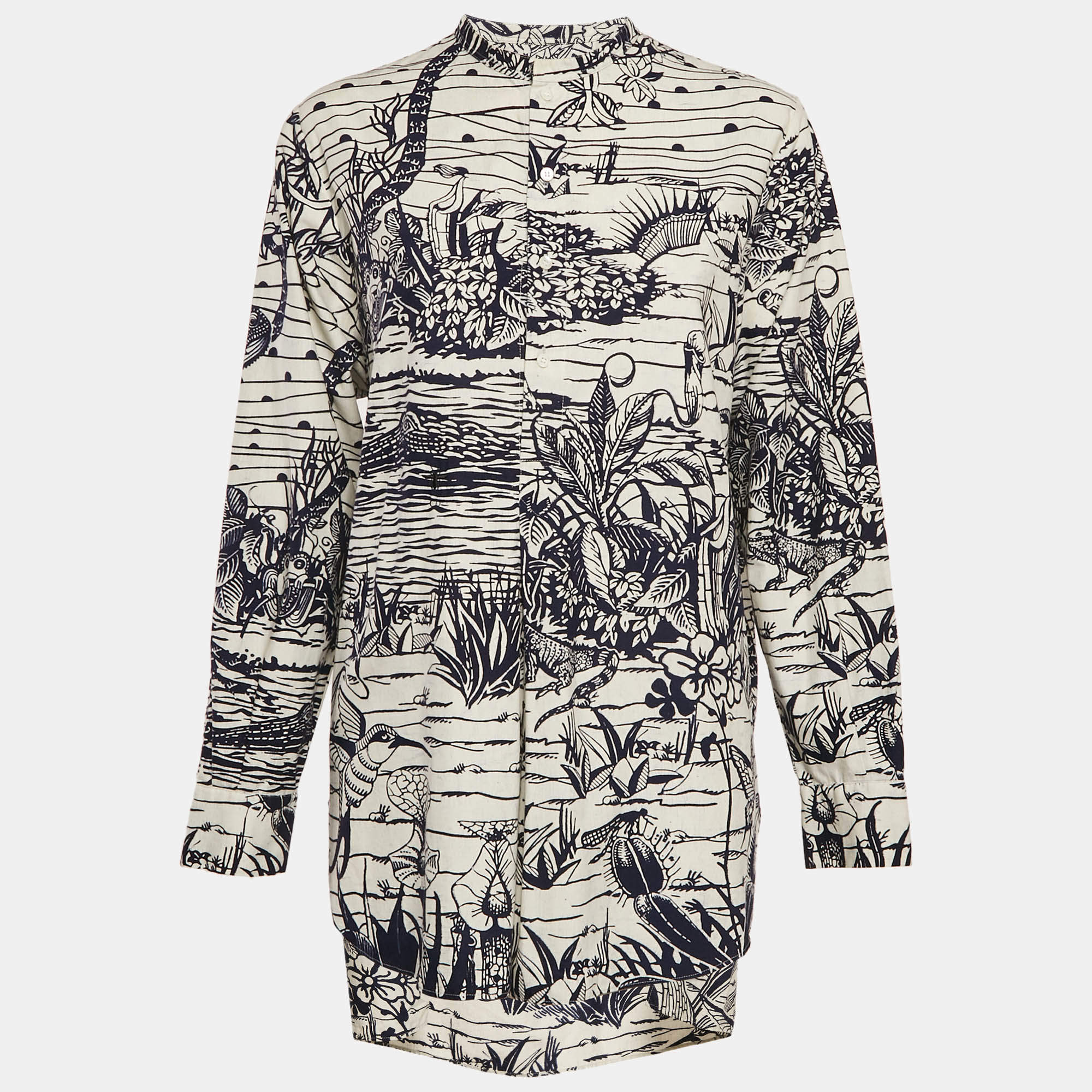 Christian Dior White/Blue Cotton Printed Tunic Top L