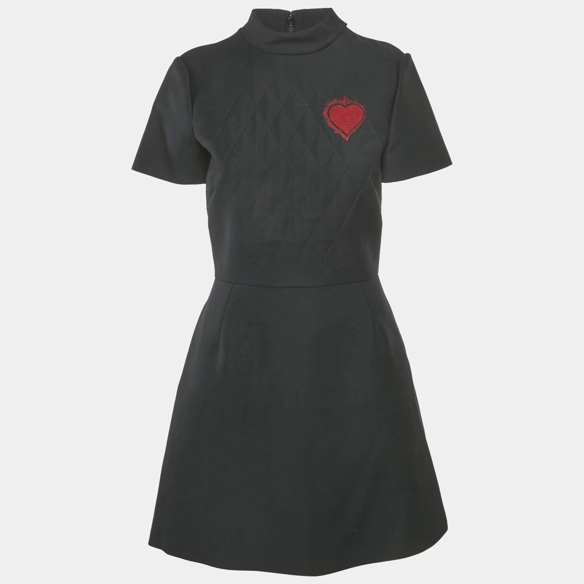 Pre Owned Christian Dior Black Heart Applique Wool Quilted Detail Short Dress M
