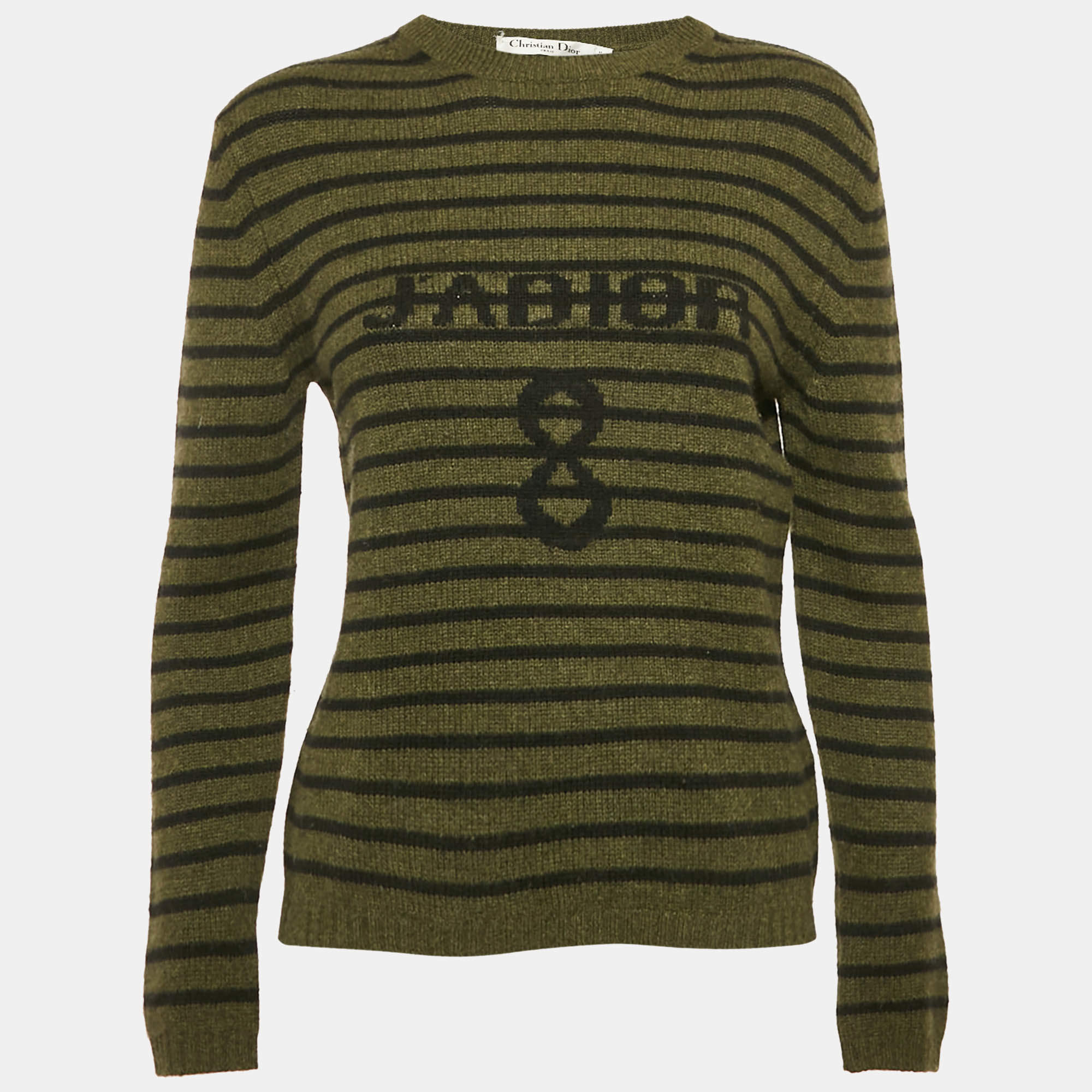 Pre Owned Dior Green Striped Cashmere Long Sleeve Sweater S