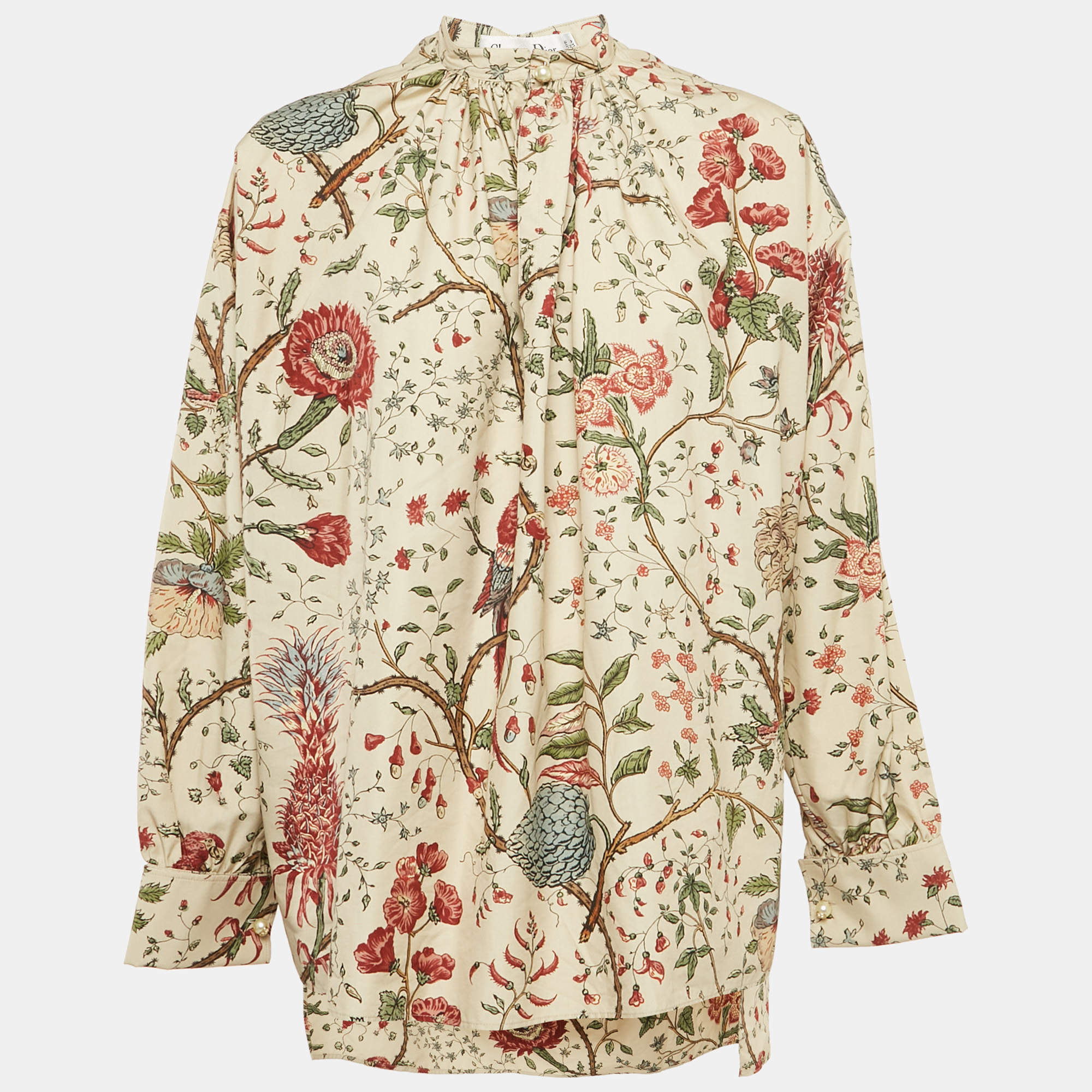 Pre Owned Dior Beige Floral Print Cotton Long Blouse M