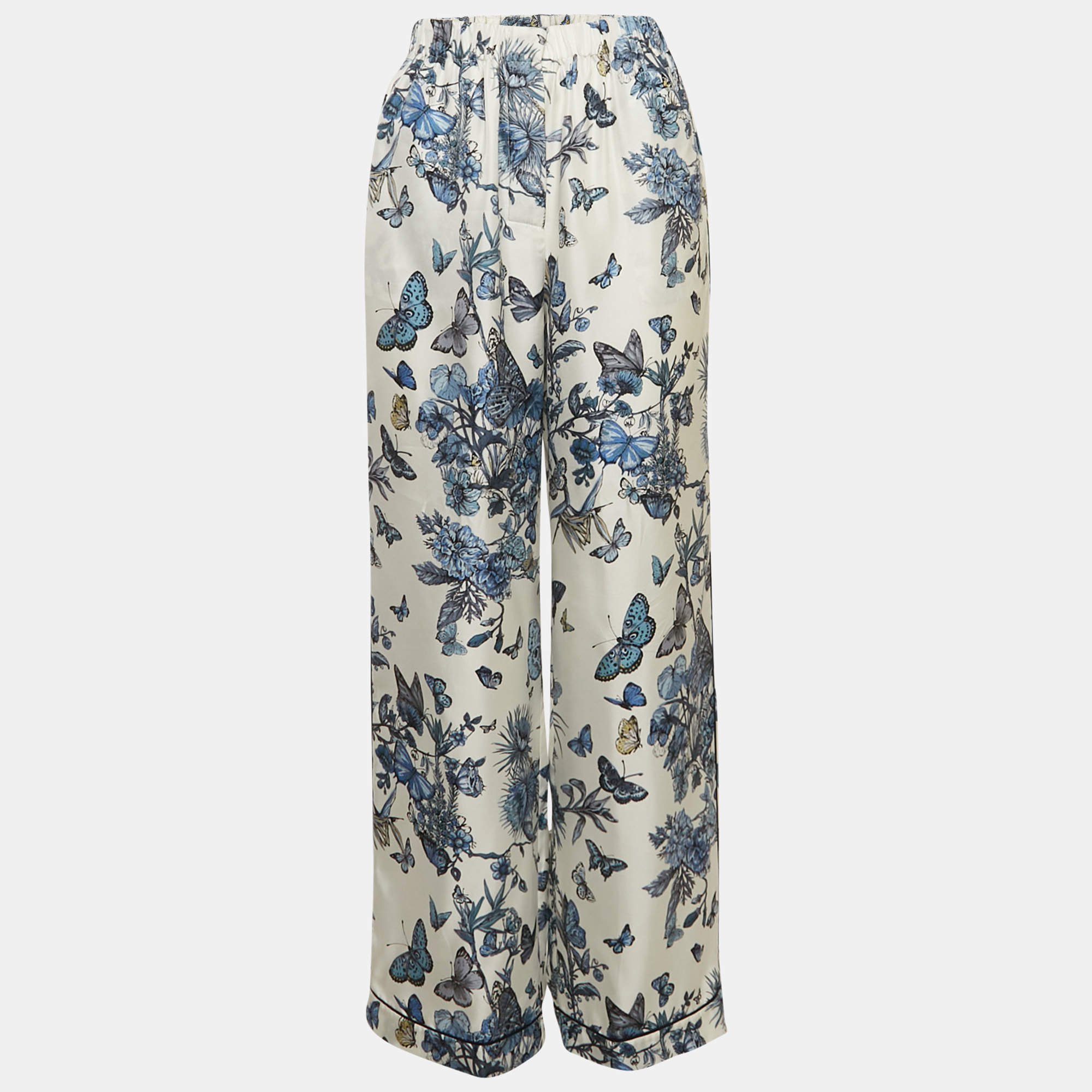 Dior White/Blue Printed Silk Wide Leg Pants M