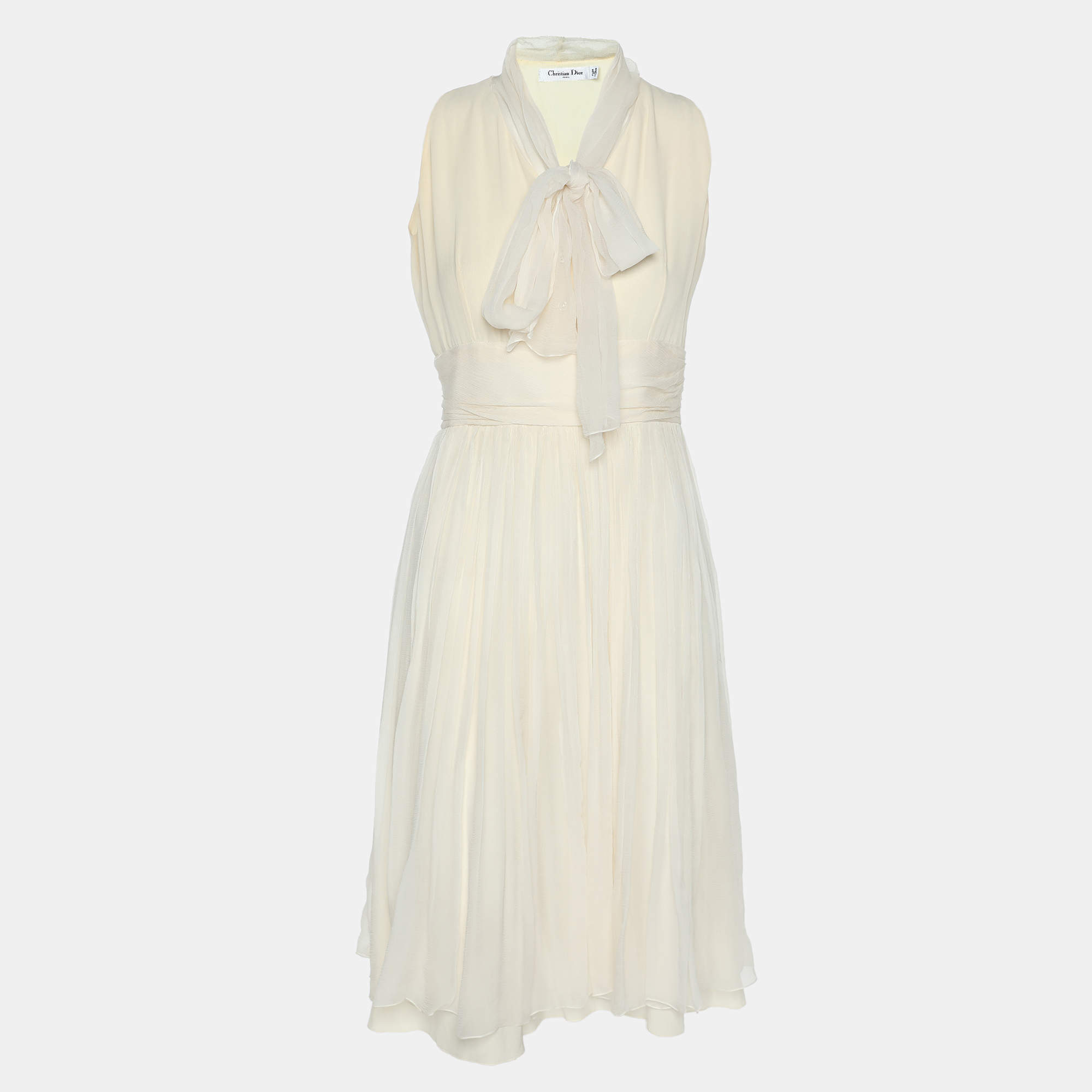 Pre Owned Dior Cream Silk Midi Dress M