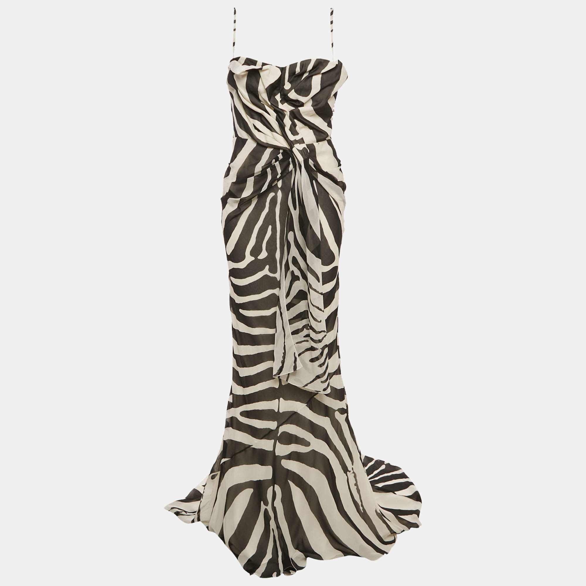 Pre Owned Christian Dior Black & White Printed Silk Draped Maxi Dress L