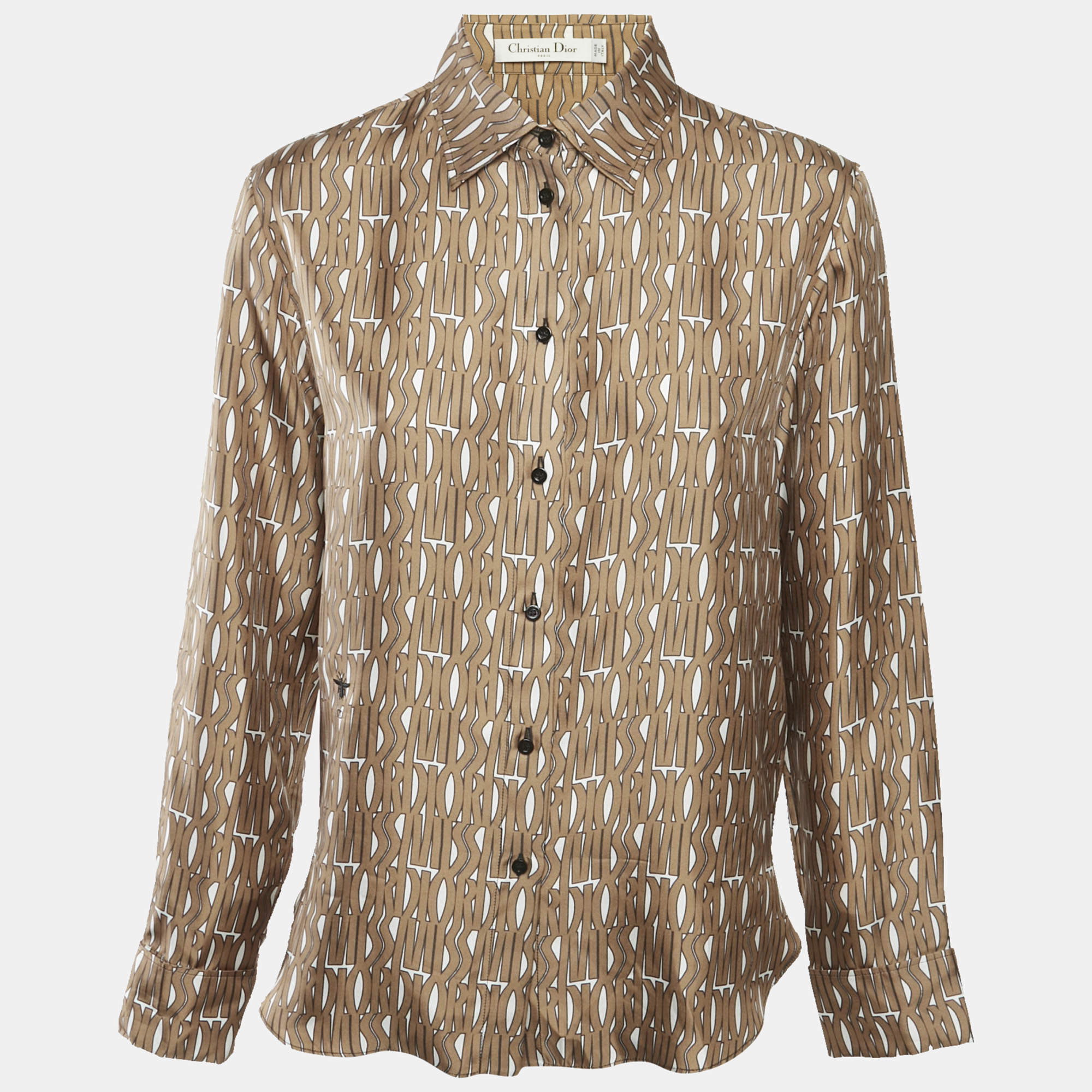 Pre Owned قميص ديور ساتان حرير بني مطبوع بالشعار مقاس وسط - ميديم