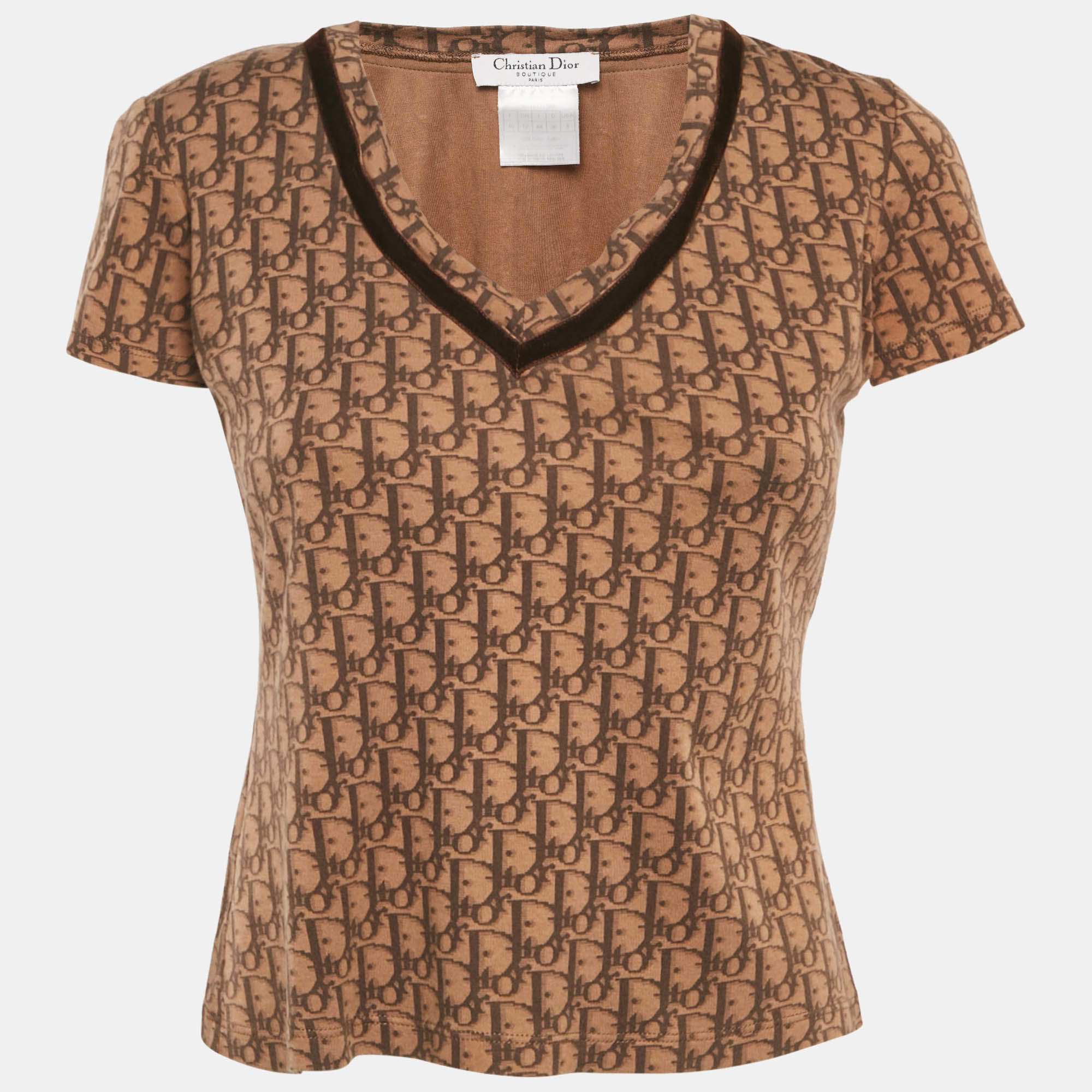 Pre Owned Christian Dior Brown Oblique Jersey V-Neck Top M