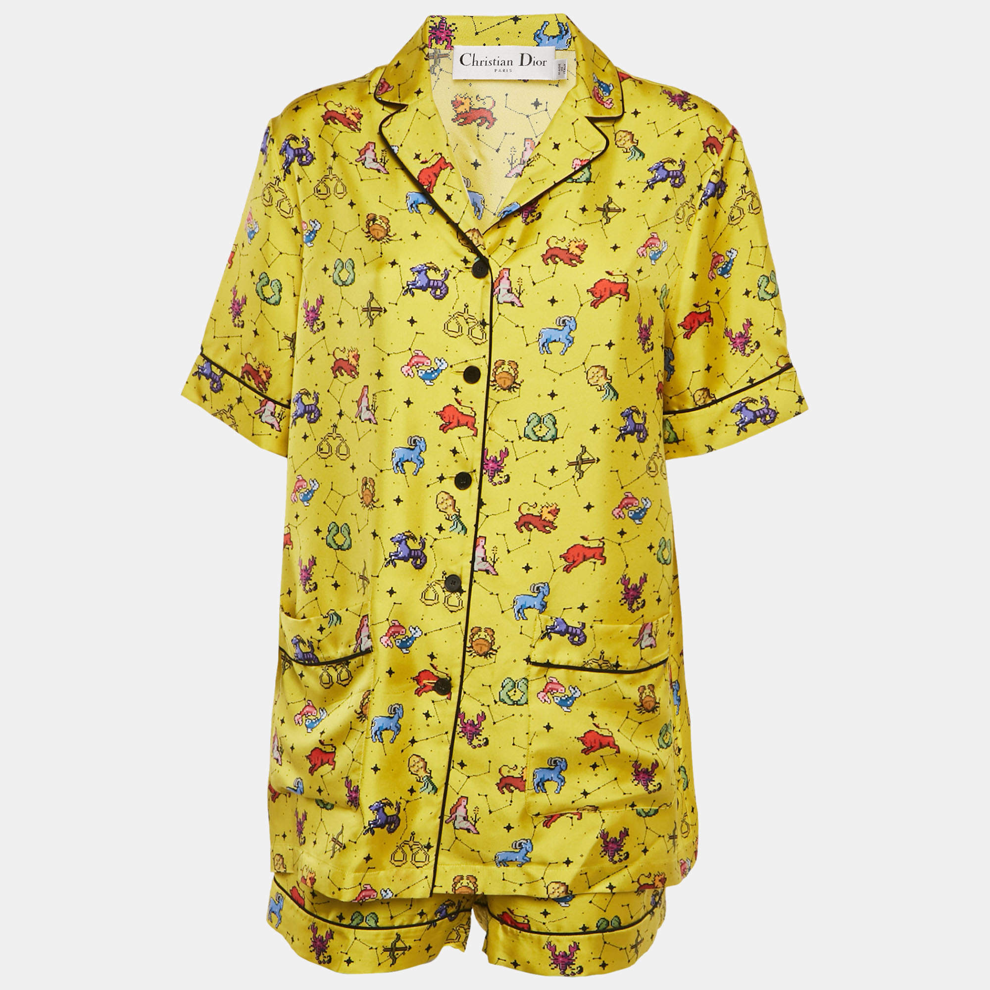 Pre Owned Christian Dior Yellow Zodiac Print Silk Shirt and Shorts Set M/L