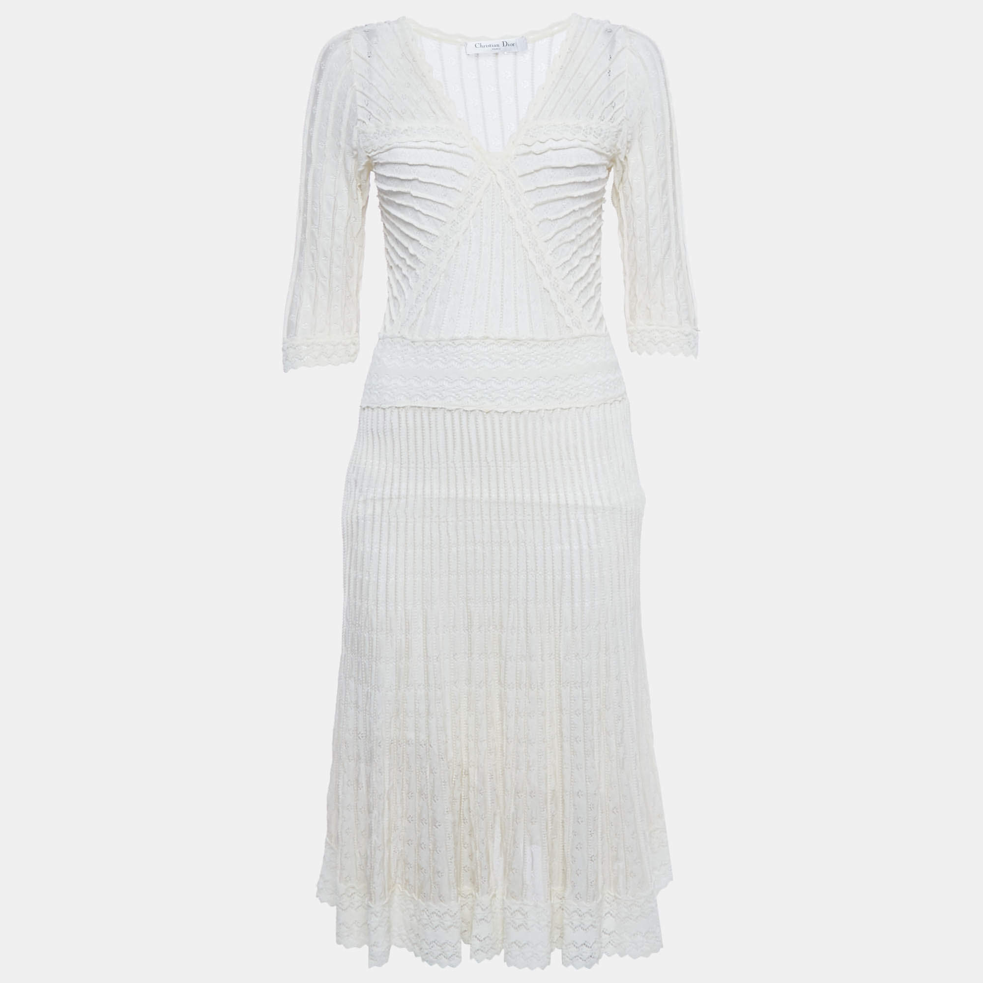 Pre Owned Christian Dior Off-White Pointelle Knit Flared Midi Dress L