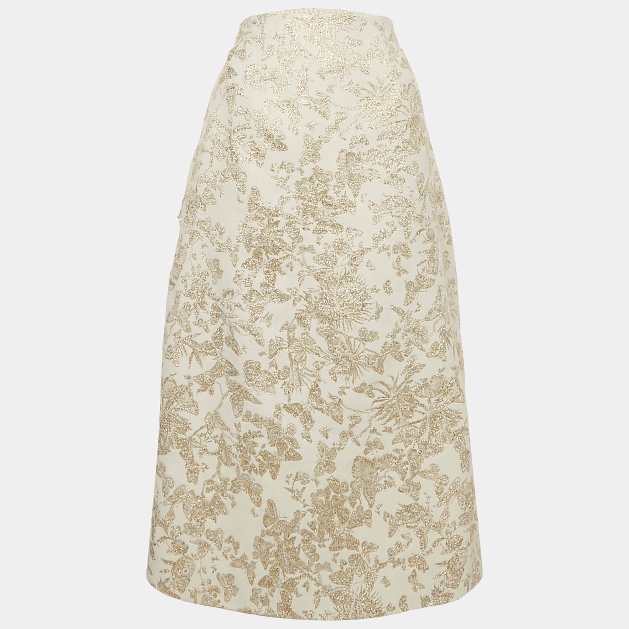 Pre Owned Christian Dior White & GolD Brocade Pencil Skirt S