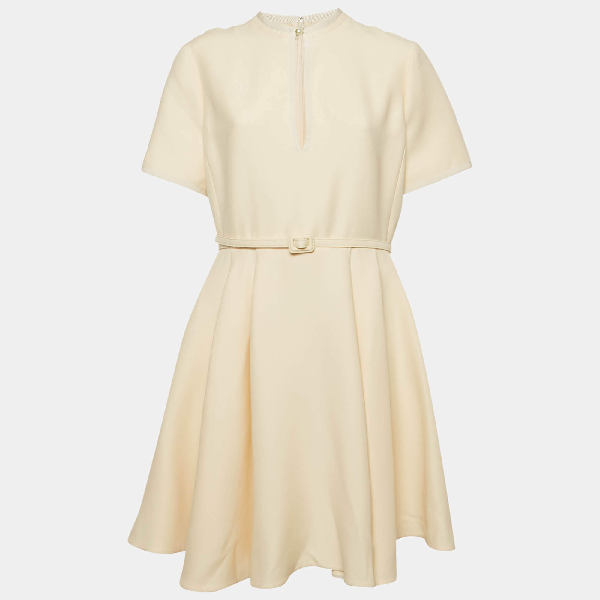 Pre Owned Christian Dior Cream Wool & Silk Crepe Pleated Belted Mini Dress XL