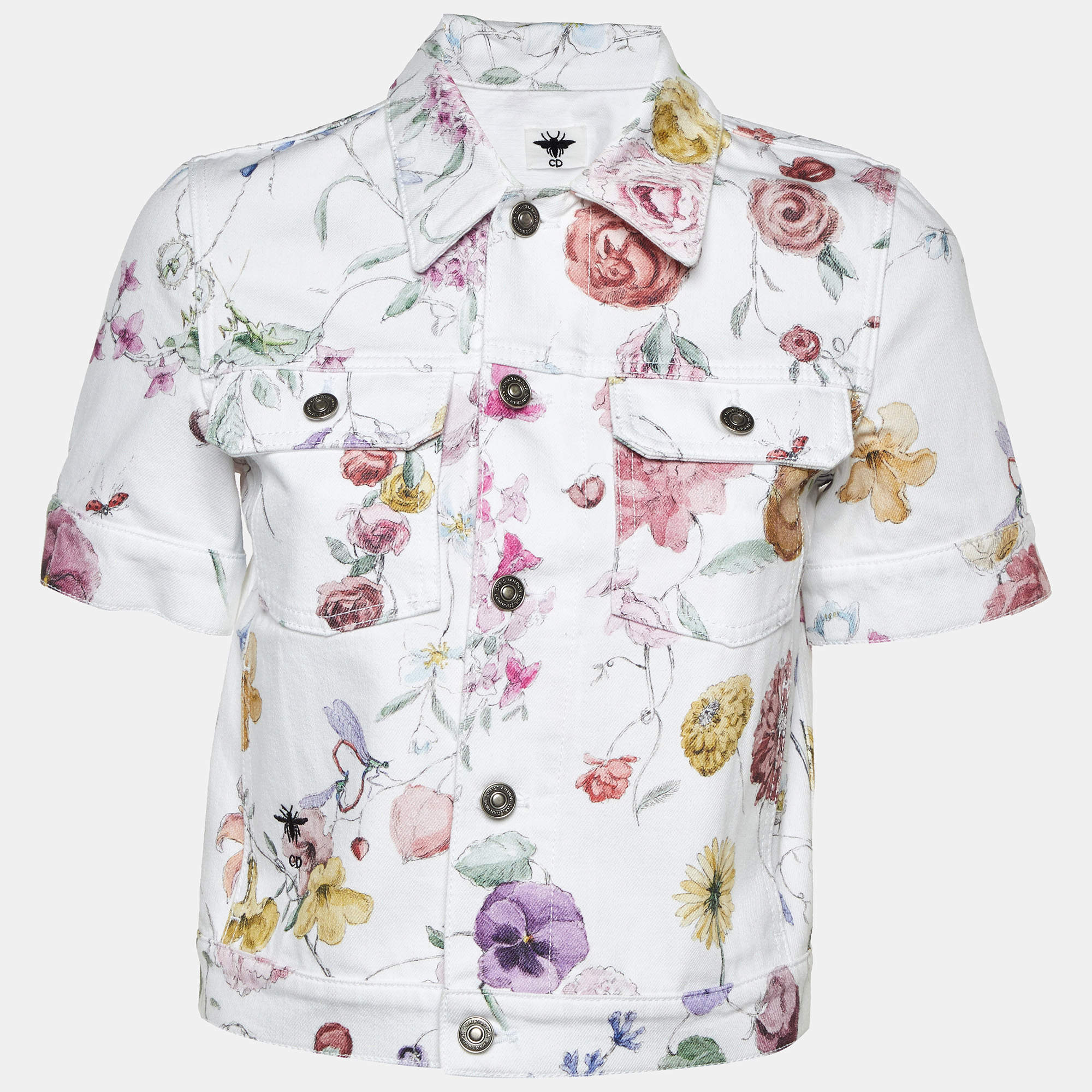 Pre Owned Christian Dior White Floral Printed Denim Button Jacket S