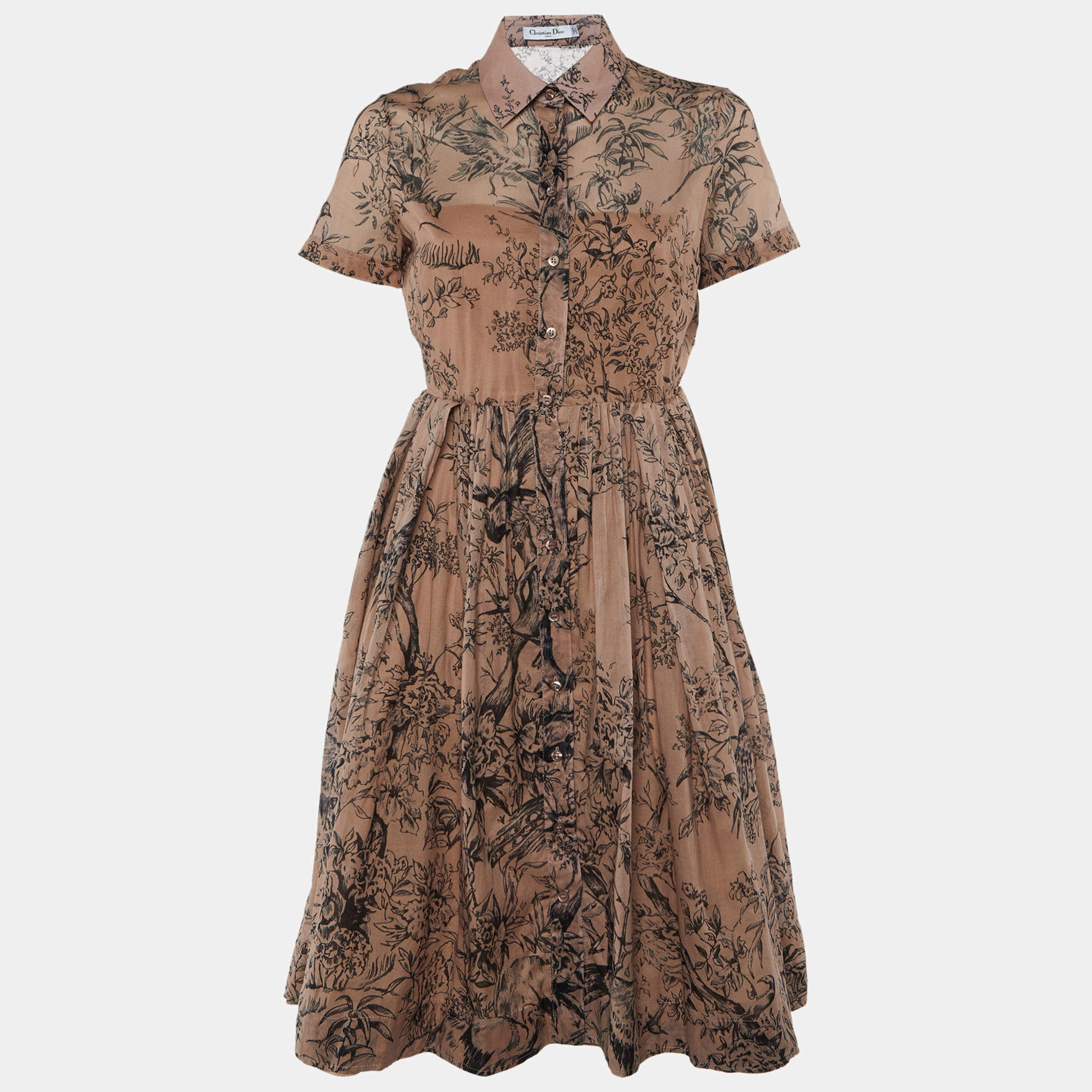 Pre Owned Christian Dior Pink Toile De Jouy Print Cotton Midi Shirt Dress S